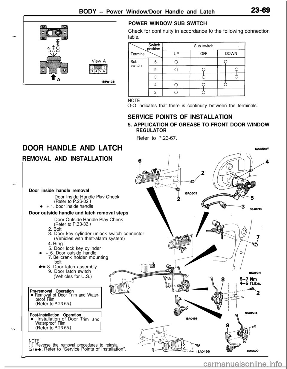 MITSUBISHI ECLIPSE 1991 Repair Manual BODY - Power Window/Door Handle and Latch23-69
I-
DOOR HANDLE AND LATCHPOWER WINDOW SUB SWITCH
Check for continuity in accordance
10 the following connection
table.
NOTEO-O indicates that there is co MITSUBISHI ECLIPSE 1991 Repair Manual BODY - Power Window/Door Handle and Latch23-69
I-
DOOR HANDLE AND LATCHPOWER WINDOW SUB SWITCH
Check for continuity in accordance
10 the following connection
table.
NOTEO-O indicates that there is co