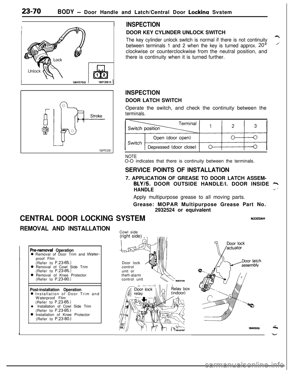 MITSUBISHI ECLIPSE 1991 Repair Manual 23-70BODY- Door Handle and Latch/Central Door Lockina Svstem
I18AO750 1lBY3611 I.- .--,
!-
II
T!3123
18PO39i
INSPECTIONDOOR KEY CYLINDER UNLOCK SWITCH
The key cylinder unlock switch is normal if there MITSUBISHI ECLIPSE 1991 Repair Manual 23-70BODY- Door Handle and Latch/Central Door Lockina Svstem
I18AO750 1lBY3611 I.- .--,
!-
II
T!3123
18PO39i
INSPECTIONDOOR KEY CYLINDER UNLOCK SWITCH
The key cylinder unlock switch is normal if there