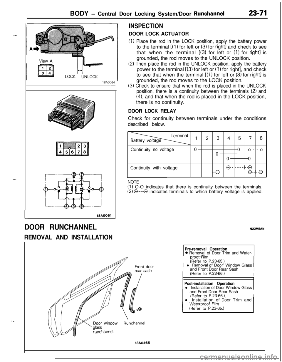 MITSUBISHI ECLIPSE 1991 Repair Manual BODY - Central Door Locking System/Door Runchannel23-71View A
18A0064-
L
DOOR RUNCHANNEL
REMOVAL AND INSTALLATION
INSPECTIONDOOR LOCK ACTUATOR
(1) Place the rod in the LOCK position, apply the battery MITSUBISHI ECLIPSE 1991 Repair Manual BODY - Central Door Locking System/Door Runchannel23-71View A
18A0064-
L
DOOR RUNCHANNEL
REMOVAL AND INSTALLATION
INSPECTIONDOOR LOCK ACTUATOR
(1) Place the rod in the LOCK position, apply the battery