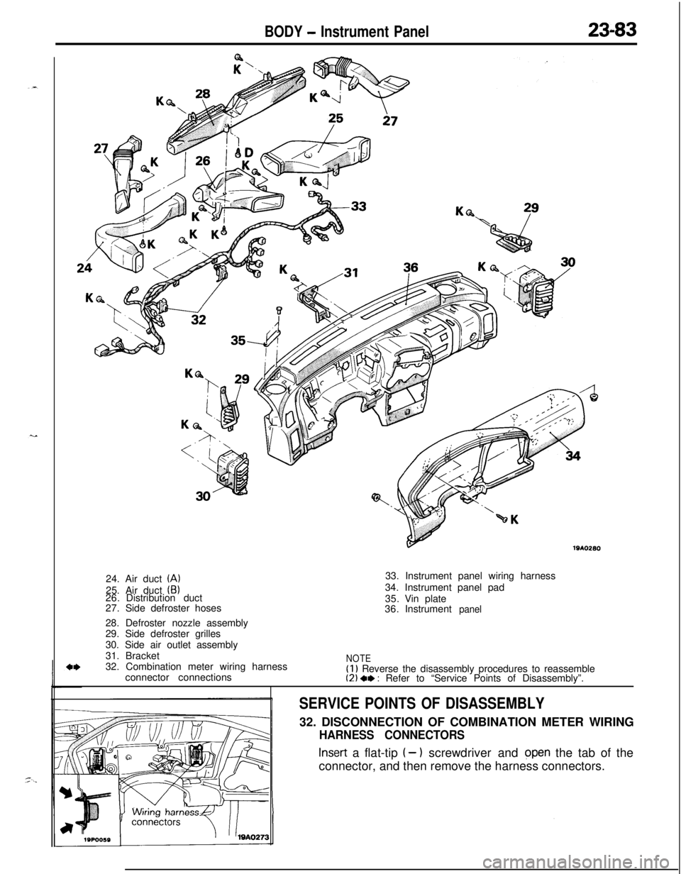 MITSUBISHI ECLIPSE 1991 Service Manual BODY - Instrument Panel23-83
191026024. Air duct
(A)25. Air duct
(B)26.Distribution duct
27.Side defroster hoses
28. Defroster nozzle assembly
29. Side defroster grilles
30. Side air outlet assembly MITSUBISHI ECLIPSE 1991 Service Manual BODY - Instrument Panel23-83
191026024. Air duct
(A)25. Air duct
(B)26.Distribution duct
27.Side defroster hoses
28. Defroster nozzle assembly
29. Side defroster grilles
30. Side air outlet assembly