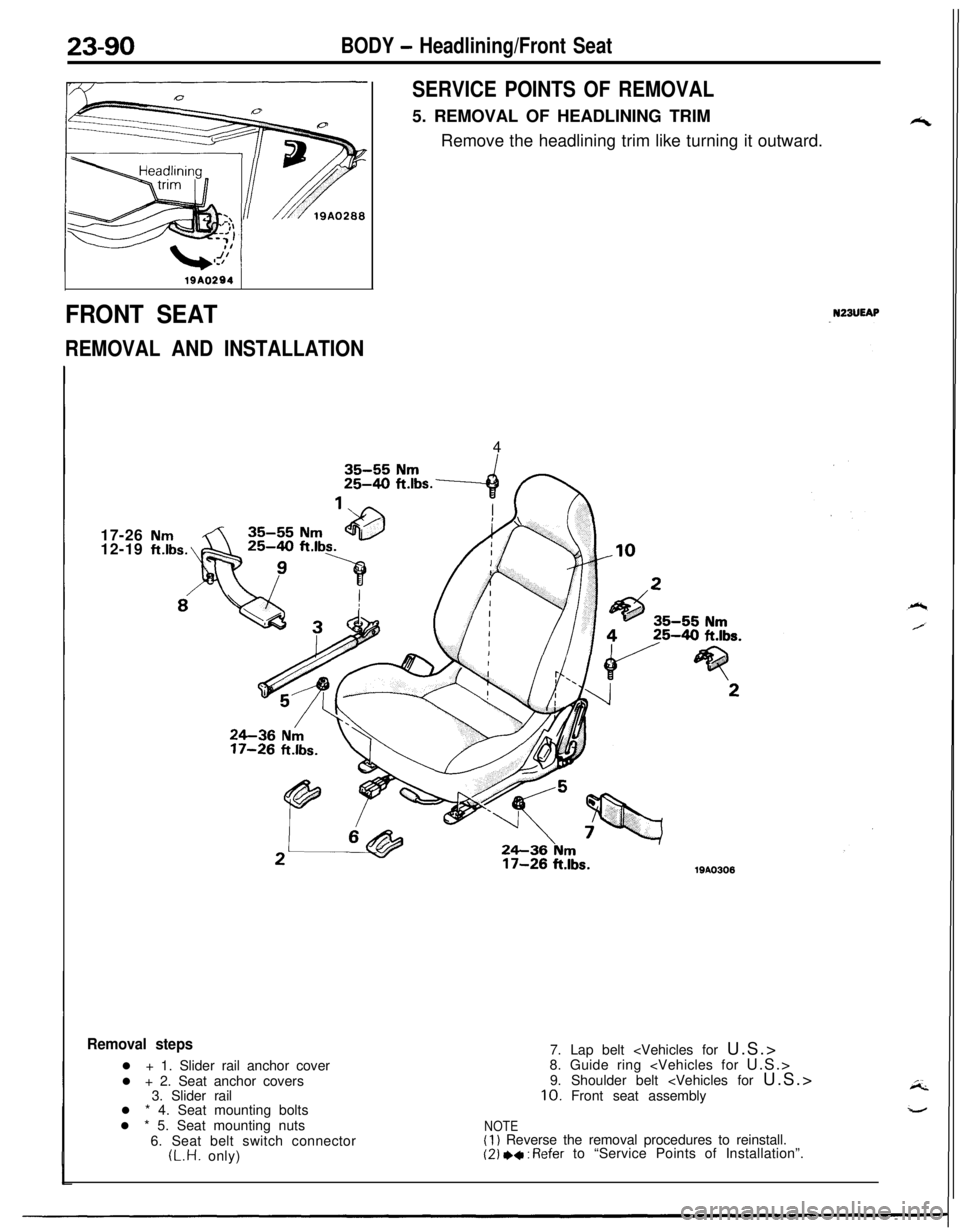 MITSUBISHI ECLIPSE 1991 Owners Guide 23-90BODY - Headlining/Front Seat
19A0294
FRONT SEAT
REMOVAL AND INSTALLATION17-26
12-19
SERVICE POINTS OF REMOVAL5. REMOVAL OF HEADLINING TRIM
Remove the headlining trim like turning it outward.
NZBU MITSUBISHI ECLIPSE 1991 Owners Guide 23-90BODY - Headlining/Front Seat
19A0294
FRONT SEAT
REMOVAL AND INSTALLATION17-26
12-19
SERVICE POINTS OF REMOVAL5. REMOVAL OF HEADLINING TRIM
Remove the headlining trim like turning it outward.
NZBU
