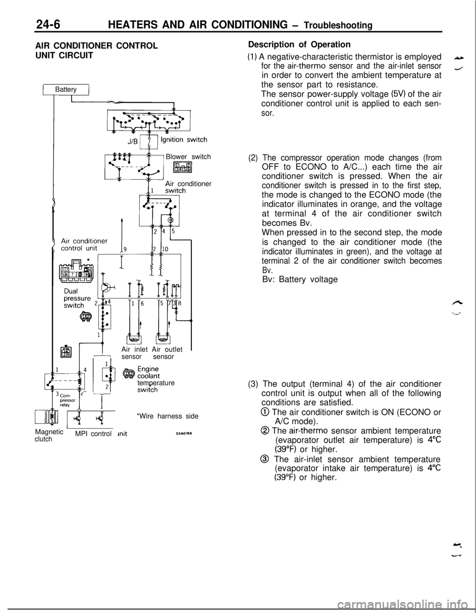 MITSUBISHI ECLIPSE 1991 Manual PDF 24-6HEATERS AND AIR CONDITIONING - TroubleshootingAIR CONDITIONER CONTROL
UNIT CIRCUIT
1 Battery IBlower switch
litalAir conditioner
IAir inlet Air outlet1-isensorsensor
temperature
Corn- L Tpressor
r MITSUBISHI ECLIPSE 1991 Manual PDF 24-6HEATERS AND AIR CONDITIONING - TroubleshootingAIR CONDITIONER CONTROL
UNIT CIRCUIT
1 Battery IBlower switch
litalAir conditioner
IAir inlet Air outlet1-isensorsensor
temperature
Corn- L Tpressor
r
