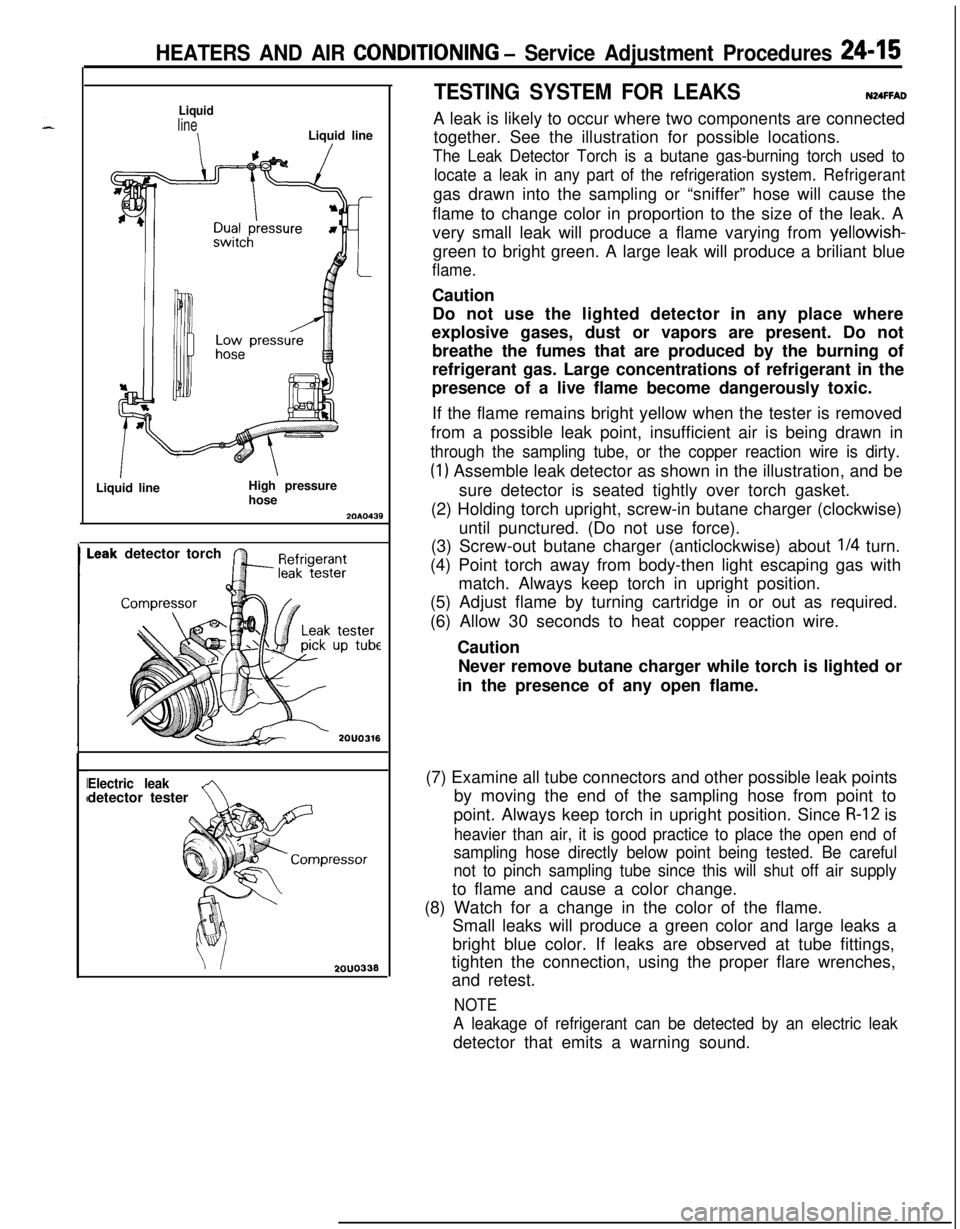 MITSUBISHI ECLIPSE 1991 Owners Manual HEATERS AND AIR CONDITIONING - Service Adjustment Procedures 24-15
Liquid
line
\Liquid lineI
ILiquid lineHigh pressure
hose2010439
detector torch
Electric leakAdetector tester
2OUO338
TESTING SYSTEM F MITSUBISHI ECLIPSE 1991 Owners Manual HEATERS AND AIR CONDITIONING - Service Adjustment Procedures 24-15
Liquid
line
\Liquid lineI
ILiquid lineHigh pressure
hose2010439
detector torch
Electric leakAdetector tester
2OUO338
TESTING SYSTEM F