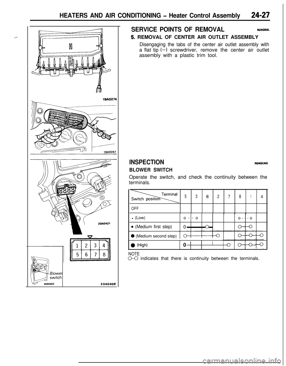 MITSUBISHI ECLIPSE 1991 Workshop Manual HEATERS AND AIR CONDITIONING - Heater Control Assembly24-27
lQA0274
20A0408
SERVICE POINTS OF REMOVALN24GBAL
5. REMOVAL OF CENTER AIR OUTLET ASSEMBLY
Disengaging the tabs of the center air outlet asse MITSUBISHI ECLIPSE 1991 Workshop Manual HEATERS AND AIR CONDITIONING - Heater Control Assembly24-27
lQA0274
20A0408
SERVICE POINTS OF REMOVALN24GBAL
5. REMOVAL OF CENTER AIR OUTLET ASSEMBLY
Disengaging the tabs of the center air outlet asse