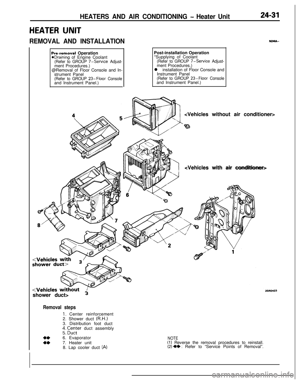 MITSUBISHI ECLIPSE 1991 Service Manual HEATERS AND AIR CONDITIONING - Heater Unit24-31
HEATER UNIT
REMOVAL AND INSTALLATIONN24m-
Pre-removal OperationeDraining of Engine Coolant(Refer to GROUP 7-Service Adjust-ment Procedures.)
@Removal of MITSUBISHI ECLIPSE 1991 Service Manual HEATERS AND AIR CONDITIONING - Heater Unit24-31
HEATER UNIT
REMOVAL AND INSTALLATIONN24m-
Pre-removal OperationeDraining of Engine Coolant(Refer to GROUP 7-Service Adjust-ment Procedures.)
@Removal of