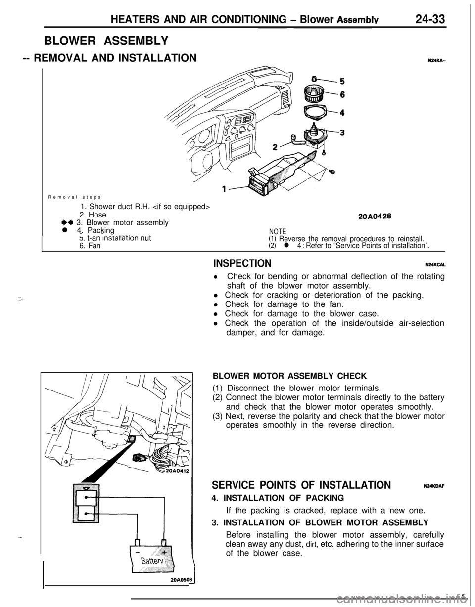 MITSUBISHI ECLIPSE 1991 Workshop Manual HEATERS AND AIR CONDITIONING - Blower Assemblv24-33Removal steps
1. Shower duct R.H. <if so equipped>
2. Hose
+4 3. Blower motor assembly
l 4. Packing
--
. . . .
20A0428
5. t-an lnstallatlon nut6. Fan MITSUBISHI ECLIPSE 1991 Workshop Manual HEATERS AND AIR CONDITIONING - Blower Assemblv24-33Removal steps
1. Shower duct R.H. <if so equipped>
2. Hose
+4 3. Blower motor assembly
l 4. Packing
--
. . . .
20A0428
5. t-an lnstallatlon nut6. Fan