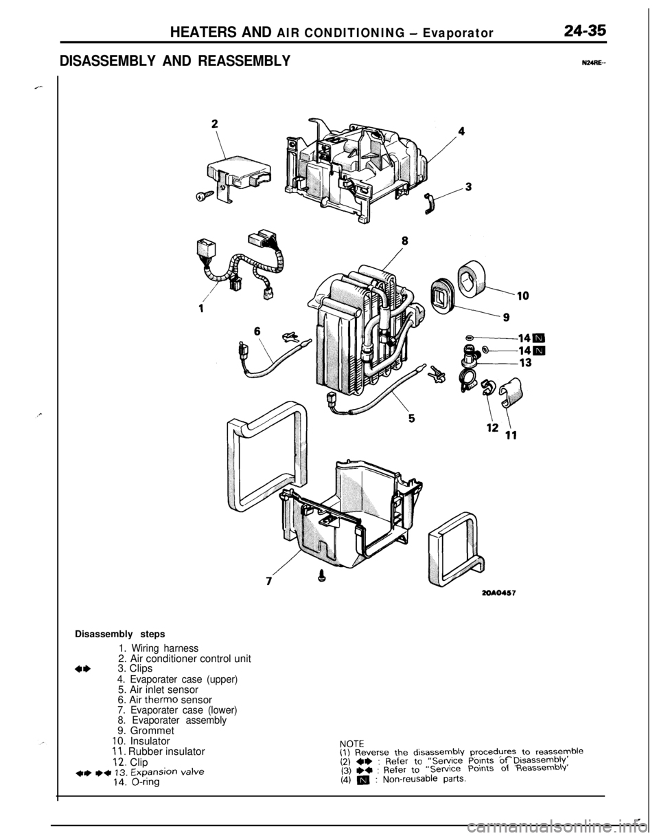 MITSUBISHI ECLIPSE 1991 Workshop Manual HEATERS AND AIR CONDITIONING - Evaporator
DISASSEMBLY AND REASSEMBLY
24-35
NURE--
3ZOAO457Disassembly steps
1. Wiring harness2. Air conditioner control unit
4*3. Clips4. Evaporater case (upper)5. Air MITSUBISHI ECLIPSE 1991 Workshop Manual HEATERS AND AIR CONDITIONING - Evaporator
DISASSEMBLY AND REASSEMBLY
24-35
NURE--
3ZOAO457Disassembly steps
1. Wiring harness2. Air conditioner control unit
4*3. Clips4. Evaporater case (upper)5. Air
