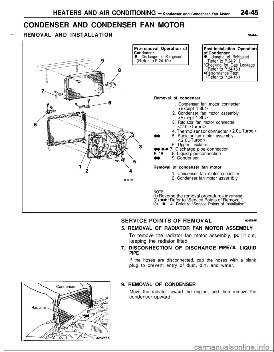 MITSUBISHI ECLIPSE 1991 Service Manual HEATERS AND AIR CONDITIONING - condenser and Condenser Fan Motor24i45CONDENSER AND CONDENSER FAN MOTOR
_--REMOVAL AND INSTALLATIONPre-removal Operation of
Condenserl Discharge of Refrigerant(Refer to MITSUBISHI ECLIPSE 1991 Service Manual HEATERS AND AIR CONDITIONING - condenser and Condenser Fan Motor24i45CONDENSER AND CONDENSER FAN MOTOR
_--REMOVAL AND INSTALLATIONPre-removal Operation of
Condenserl Discharge of Refrigerant(Refer to
