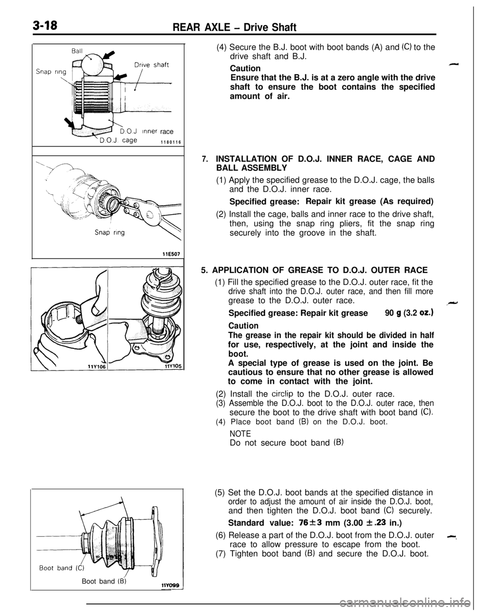 MITSUBISHI ECLIPSE 1991 User Guide 3-18REAR AXLE - Drive Shaft
ring
\
Inner race
1180116
llE507
7.(4) Secure the B.J. boot with boot bands (A) and
(C) to the
drive shaft and B.J.
Caution
-Ensure that the B.J. is at a zero angle with t MITSUBISHI ECLIPSE 1991 User Guide 3-18REAR AXLE - Drive Shaft
ring
\
Inner race
1180116
llE507
7.(4) Secure the B.J. boot with boot bands (A) and
(C) to the
drive shaft and B.J.
Caution
-Ensure that the B.J. is at a zero angle with t