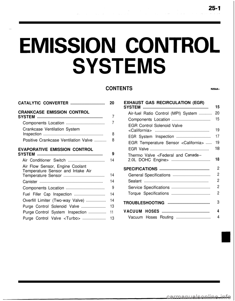 MITSUBISHI ECLIPSE 1991 Service Manual .^
EMISSION CONTROL
SYSTEMS
CONTENTSN25AA-
CATALYTICCONVERTER...............................20CRANKCASE EMISSION CONTROL
SYSTEM...........................................................7Components Lo MITSUBISHI ECLIPSE 1991 Service Manual .^
EMISSION CONTROL
SYSTEMS
CONTENTSN25AA-
CATALYTICCONVERTER...............................20CRANKCASE EMISSION CONTROL
SYSTEM...........................................................7Components Lo