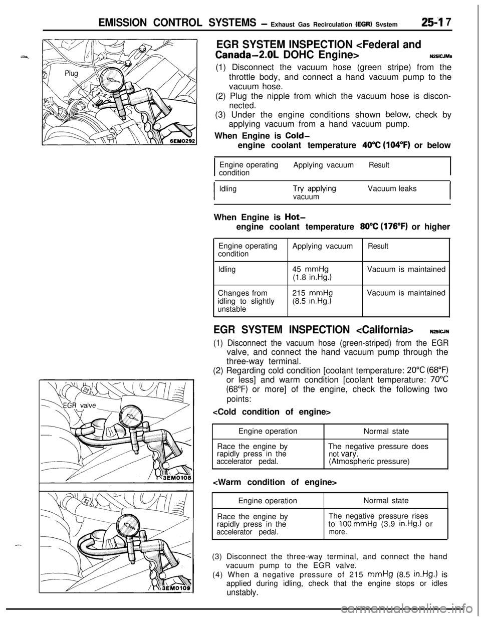 MITSUBISHI ECLIPSE 1991 Service Manual EMISSION CONTROL SYSTEMS- Exhaust Gas Recirculation (EGR) Svstem254 7
EGR SYSTEM INSPECTION <Federal and
Canada-2.0L DOHC Engine>N25lCJMa(1) Disconnect the vacuum hose (green stripe) from the
throttle MITSUBISHI ECLIPSE 1991 Service Manual EMISSION CONTROL SYSTEMS- Exhaust Gas Recirculation (EGR) Svstem254 7
EGR SYSTEM INSPECTION <Federal and
Canada-2.0L DOHC Engine>N25lCJMa(1) Disconnect the vacuum hose (green stripe) from the
throttle