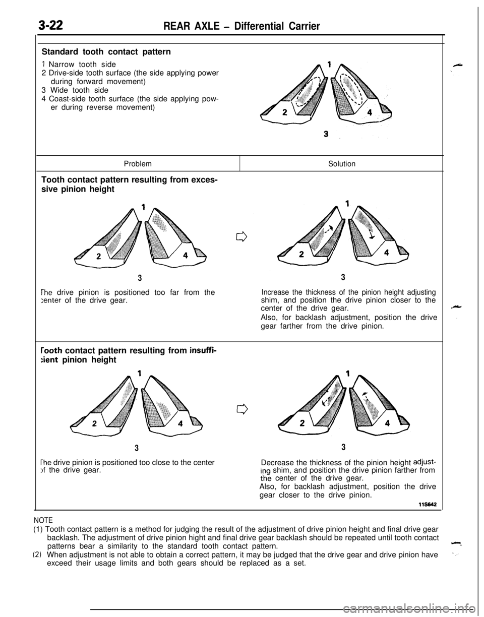 MITSUBISHI ECLIPSE 1991 Service Manual 3-22REAR AXLE - Differential CarrierStandard tooth contact pattern
1 Narrow tooth side
2 Drive-side tooth surface (the side applying power
during forward movement)
3 Wide tooth side
4 Coast-side tooth MITSUBISHI ECLIPSE 1991 Service Manual 3-22REAR AXLE - Differential CarrierStandard tooth contact pattern
1 Narrow tooth side
2 Drive-side tooth surface (the side applying power
during forward movement)
3 Wide tooth side
4 Coast-side tooth