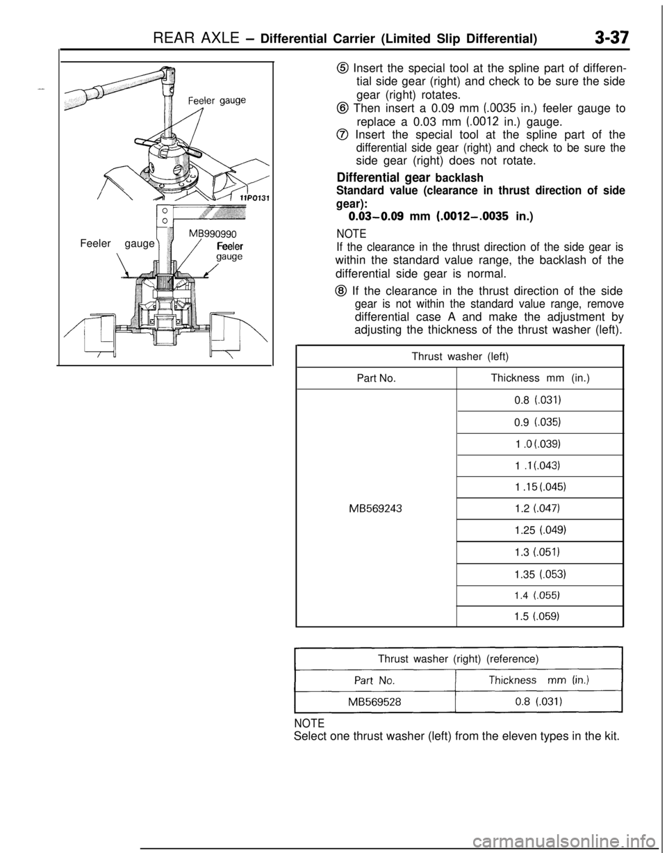 MITSUBISHI ECLIPSE 1991 Owners Guide REAR AXLE - Differential Carrier (Limited Slip Differential)3-370
,.,:*,> ..’~ .;;s, ,~ ,$.’ j0
h
MB990990Feeler gauge ”
/
Feeler
gauge
@ Insert the special tool at the spline part of differen-
MITSUBISHI ECLIPSE 1991 Owners Guide REAR AXLE - Differential Carrier (Limited Slip Differential)3-370
,.,:*,> ..’~ .;;s, ,~ ,$.’ j0
h
MB990990Feeler gauge ”
/
Feeler
gauge
@ Insert the special tool at the spline part of differen-