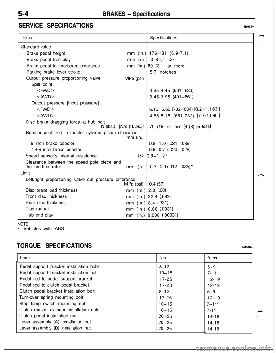 MITSUBISHI ECLIPSE 1991  Service Manual 5-4BRAKES - Specifications
SERVICE SPECIFICATIONS
NO5CB-
ItemsSpecifications
Standard value
Brake pedal heightmm (in.) 176-181 (6.9-7.1)
Brake pedal free playmm (in.) 3-8 
(l-.3)Brake pedal to floorbo