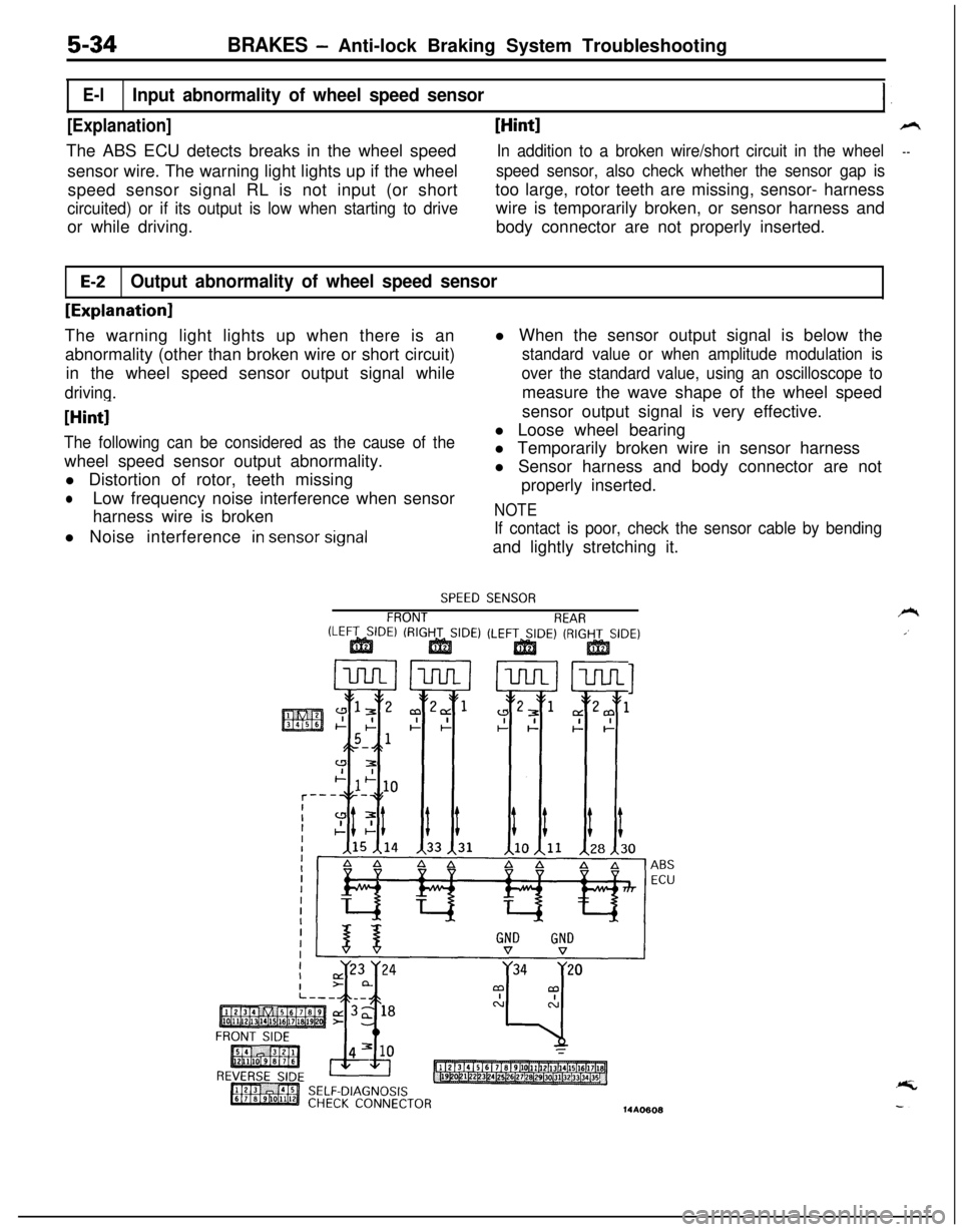 MITSUBISHI ECLIPSE 1991 Owners Manual 5-34BRAKES -Anti-lock Braking System Troubleshooting
E-lInput abnormality of wheel speed sensorI.
[Explanation][Hint]s”rThe ABS ECU detects breaks in the wheel speed
In addition to a broken wire/sho