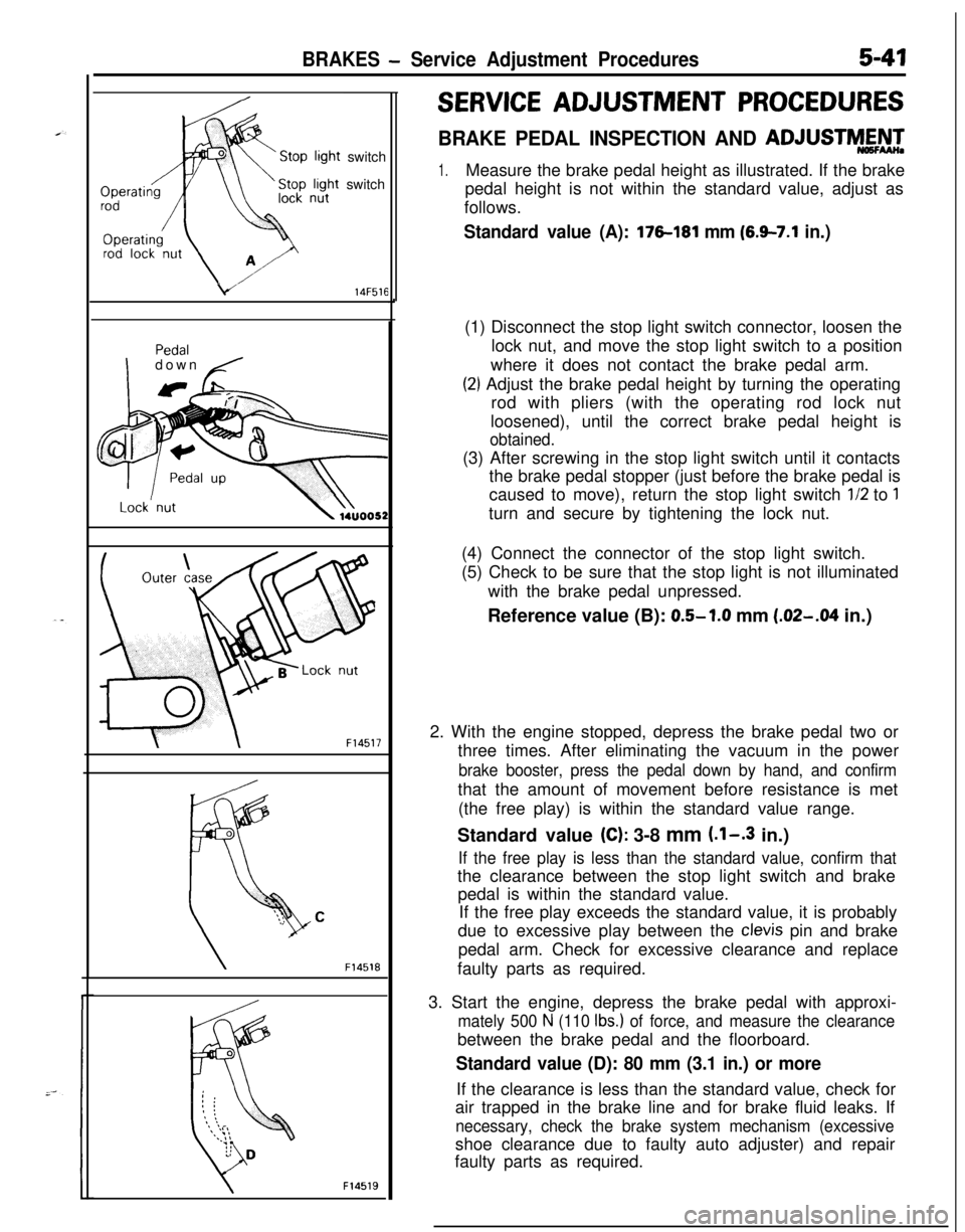 MITSUBISHI ECLIPSE 1991 Workshop Manual BRAKES - Service Adjustment Procedures5-47switch
switch
v14F516
Idown ,./
F14517
F14518
F14519
SERVICE ADJUSTMENT PROCEDURES
BRAKE PEDAL INSPECTION AND ADJUSTM&g
1.Measure the brake pedal height as il MITSUBISHI ECLIPSE 1991 Workshop Manual BRAKES - Service Adjustment Procedures5-47switch
switch
v14F516
Idown ,./
F14517
F14518
F14519
SERVICE ADJUSTMENT PROCEDURES
BRAKE PEDAL INSPECTION AND ADJUSTM&g
1.Measure the brake pedal height as il