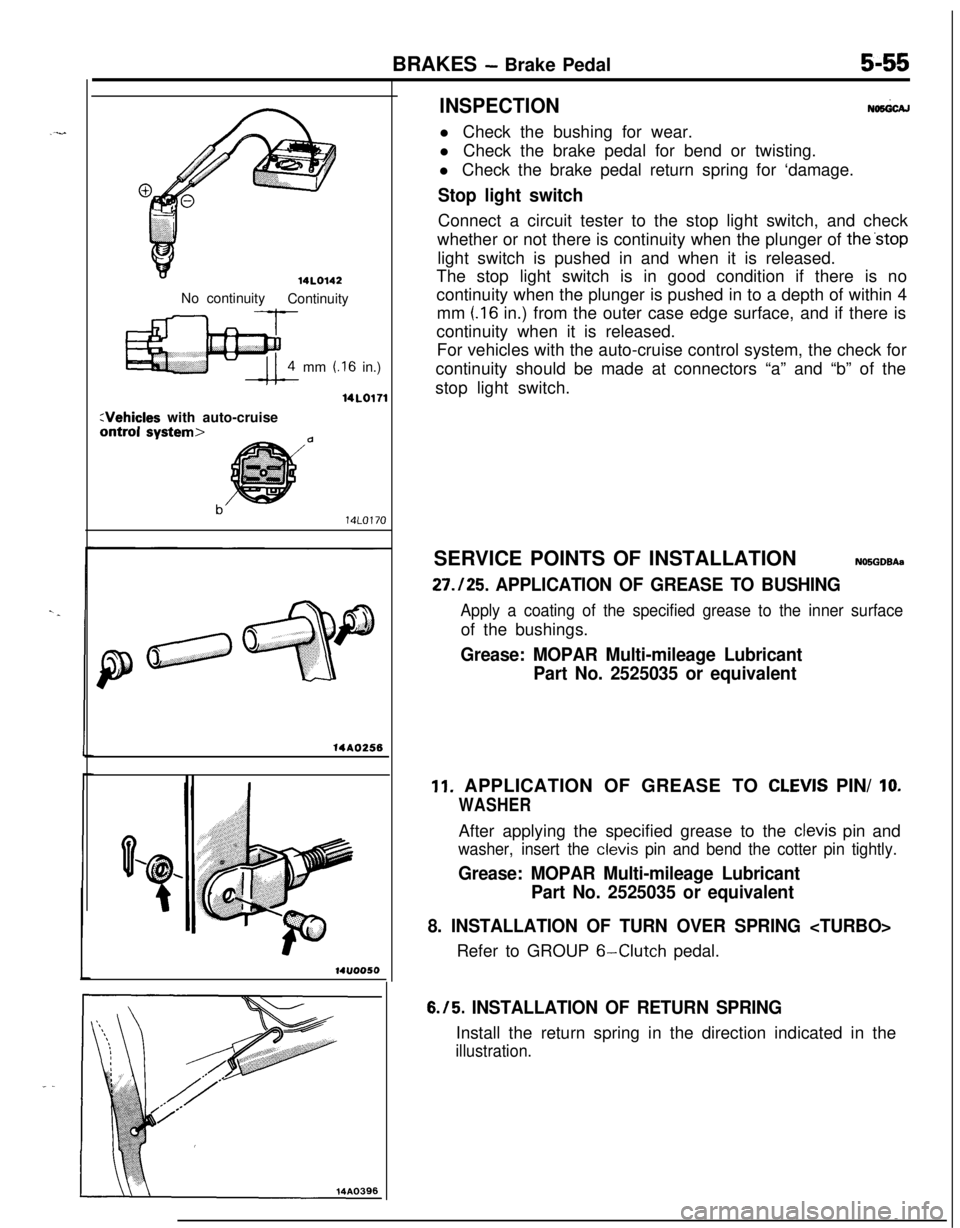 MITSUBISHI ECLIPSE 1991 Owners Guide BRAKES - Brake Pedal5-55
14L0142No continuity
Continuity
mm
t.16 in.)
14LO171
:Vehicles with auto-cruiseontrol svstem>
14A0256
14ll0050
INSPECTIONNoMicAll Check the bushing for wear.
l Check the brak MITSUBISHI ECLIPSE 1991 Owners Guide BRAKES - Brake Pedal5-55
14L0142No continuity
Continuity
mm
t.16 in.)
14LO171
:Vehicles with auto-cruiseontrol svstem>
14A0256
14ll0050
INSPECTIONNoMicAll Check the bushing for wear.
l Check the brak