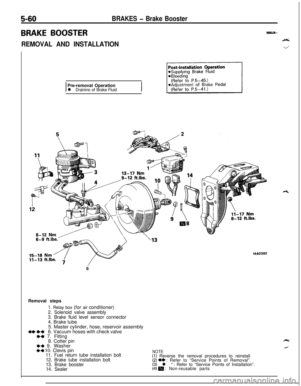 MITSUBISHI ECLIPSE 1991 Owners Manual 5-60BRAKES - Brake Booster
BRAKE BOOSTER
REMOVAL AND INSTALLATION
IPre-removal Operationl Drainino of Brake FluidI6
Removal steps
1. Relay box (for air conditioner)
2. Solenoid valve assembly
3. Brake MITSUBISHI ECLIPSE 1991 Owners Manual 5-60BRAKES - Brake Booster
BRAKE BOOSTER
REMOVAL AND INSTALLATION
IPre-removal Operationl Drainino of Brake FluidI6
Removal steps
1. Relay box (for air conditioner)
2. Solenoid valve assembly
3. Brake