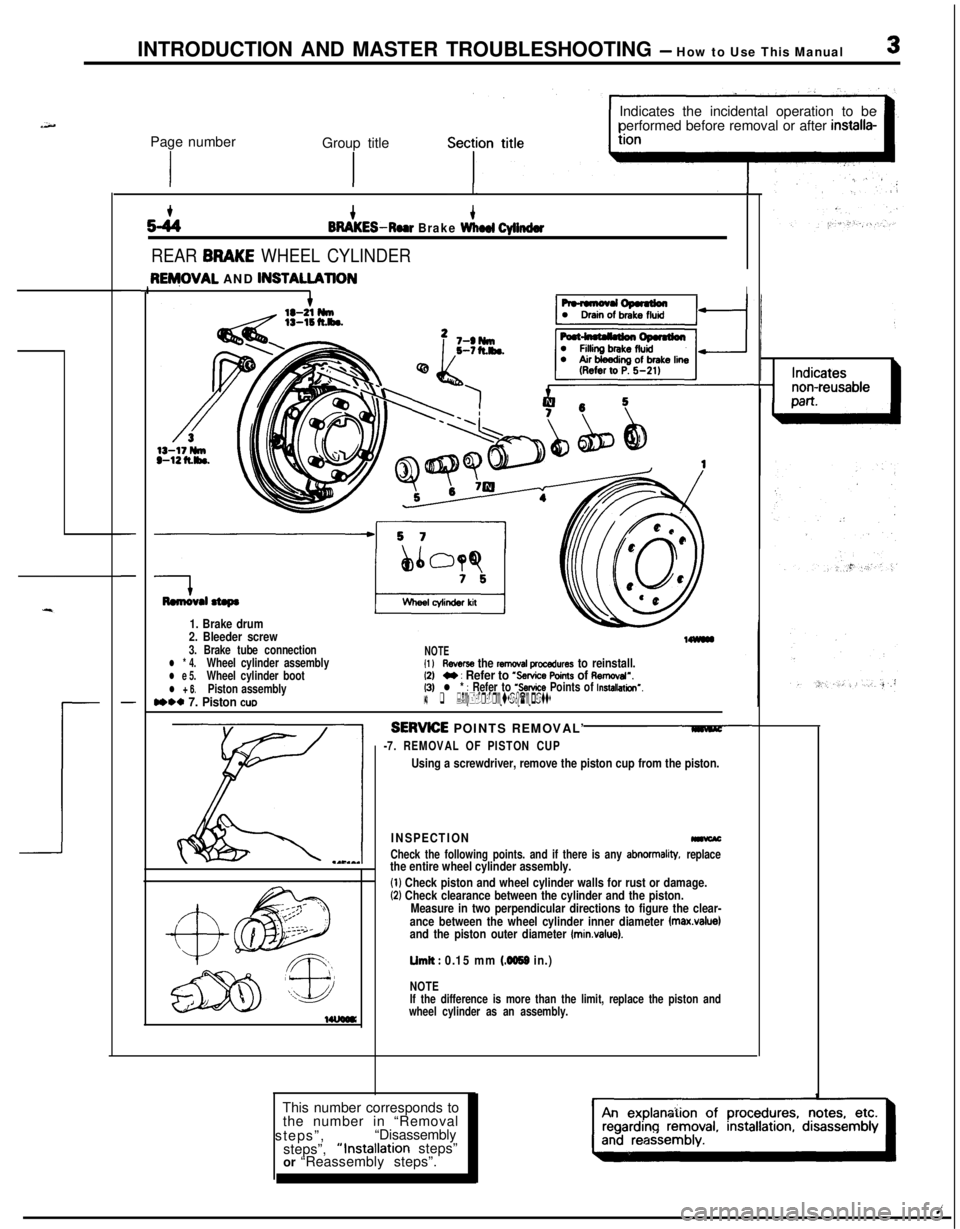 MITSUBISHI ECLIPSE 1991  Service Manual INTRODUCTION AND MASTER TROUBLESHOOTING - How to Use This Manual3Page number
Group title
IIndicates the incidental operation to be
performed before removal or after 
installa-
52444BRAKES-Roar Brake W