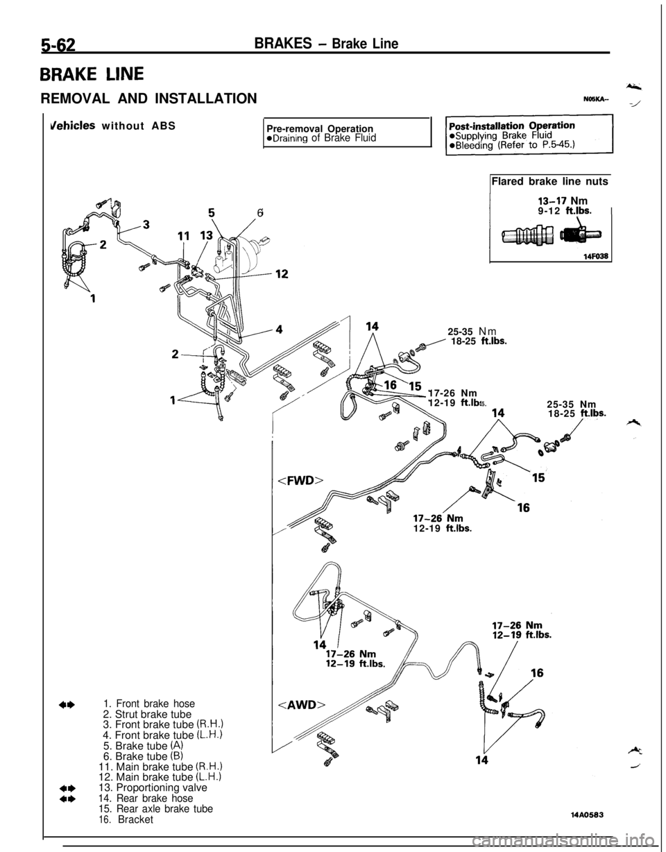 MITSUBISHI ECLIPSE 1991 User Guide 5-62BRAKES - Brake Line
BRAKE LINEREMOVAL AND INSTALLATIONr/ehicles without ABS
Pre-removal Operation
eDraining of Brake Fluid6
/
NOSKA-
>/Flared brake line nuts
13-17 Nm
9-12 ft.lbs.I
14FO3825-35 Nm
MITSUBISHI ECLIPSE 1991 User Guide 5-62BRAKES - Brake Line
BRAKE LINEREMOVAL AND INSTALLATIONr/ehicles without ABS
Pre-removal Operation
eDraining of Brake Fluid6
/
NOSKA-
>/Flared brake line nuts
13-17 Nm
9-12 ft.lbs.I
14FO3825-35 Nm