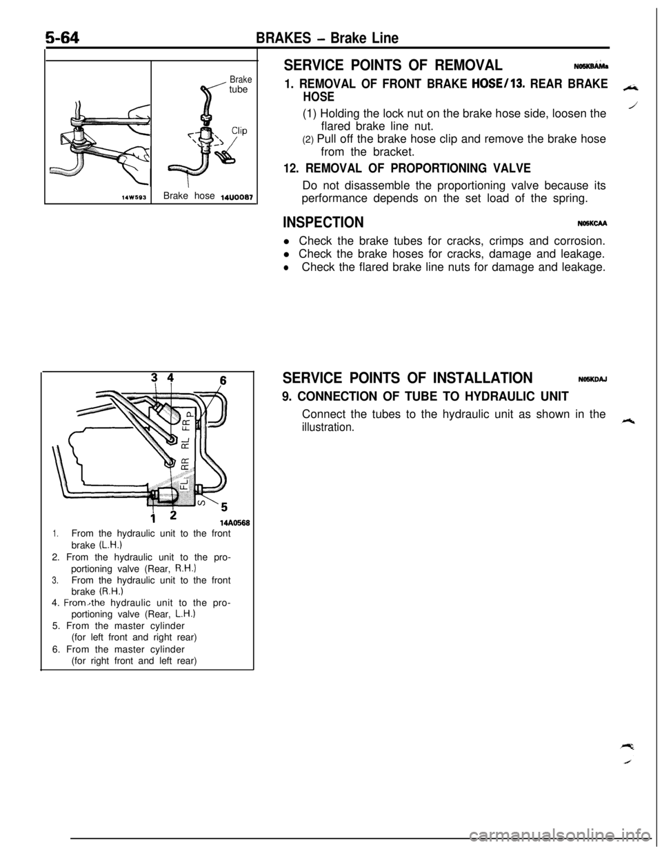 MITSUBISHI ECLIPSE 1991 Manual Online 5-64BRAKES - Brake Line
Braketube
14w593Brake hose ,4”ooe~
1.From the hydraulic unit to the front
brake
(L.H.)2. From the hydraulic unit to the pro-
portioning valve (Rear,
R.H.)
3.From the hydrau MITSUBISHI ECLIPSE 1991 Manual Online 5-64BRAKES - Brake Line
Braketube
14w593Brake hose ,4”ooe~
1.From the hydraulic unit to the front
brake
(L.H.)2. From the hydraulic unit to the pro-
portioning valve (Rear,
R.H.)
3.From the hydrau