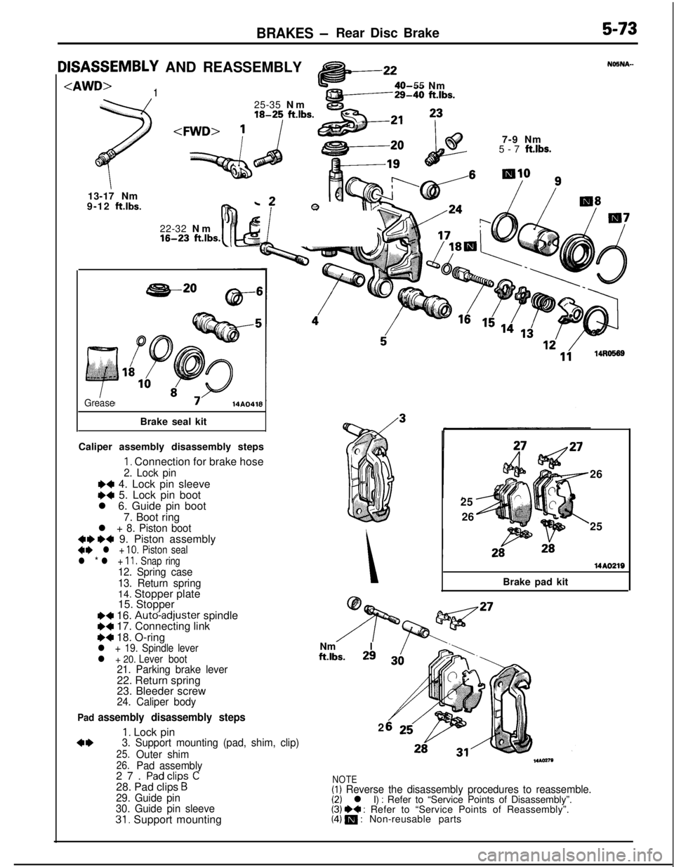MITSUBISHI ECLIPSE 1991 Owners Guide BRAKES -Rear Disc Brake5-73
IISASSEMBLY AND REASSEMBLY<AWD>
125-35 Nm
18-25 ft.lbs.<FWD>
;
I13-17 Nm
9-12
ftlbs.
c*:O55 Nm29-40 ft.lbs.22-32 Nm
16-23 fi.J,,s.b- Q \\T;17-9 Nm
5-7
ft.lbs.
GreaseBrak MITSUBISHI ECLIPSE 1991 Owners Guide BRAKES -Rear Disc Brake5-73
IISASSEMBLY AND REASSEMBLY<AWD>
125-35 Nm
18-25 ft.lbs.<FWD>
;
I13-17 Nm
9-12
ftlbs.
c*:O55 Nm29-40 ft.lbs.22-32 Nm
16-23 fi.J,,s.b- Q \\T;17-9 Nm
5-7
ft.lbs.
GreaseBrak