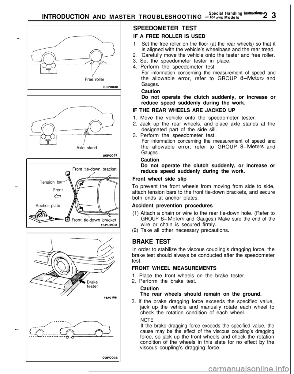 MITSUBISHI ECLIPSE 1991  Service Manual Special Handling lnstruction~INTRODUCTION AND MASTER TROUBLESHOOTING - for AWD Models23
7T
TFree roller
00P0030
T&a
TAxle standOOPOO37
Front tie-down bracket
16PO209
14A0198
OOPO036
SPEEDOMETER TESTIF
