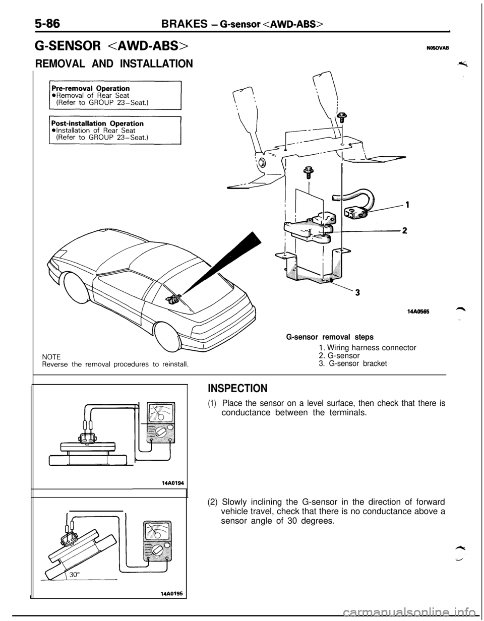 MITSUBISHI ECLIPSE 1991 Owners Guide BRAKES - G-sensor <AWD-ABS>
G-SENSOR <AWD-ABS>N&OVA8
REMOVAL AND INSTALLATION
14AO595
NOTEReverse the removal procedures to reinstall.
G-sensor removal steps
1. Wiring harness connector
2. G-sensor3. MITSUBISHI ECLIPSE 1991 Owners Guide BRAKES - G-sensor <AWD-ABS>
G-SENSOR <AWD-ABS>N&OVA8
REMOVAL AND INSTALLATION
14AO595
NOTEReverse the removal procedures to reinstall.
G-sensor removal steps
1. Wiring harness connector
2. G-sensor3.