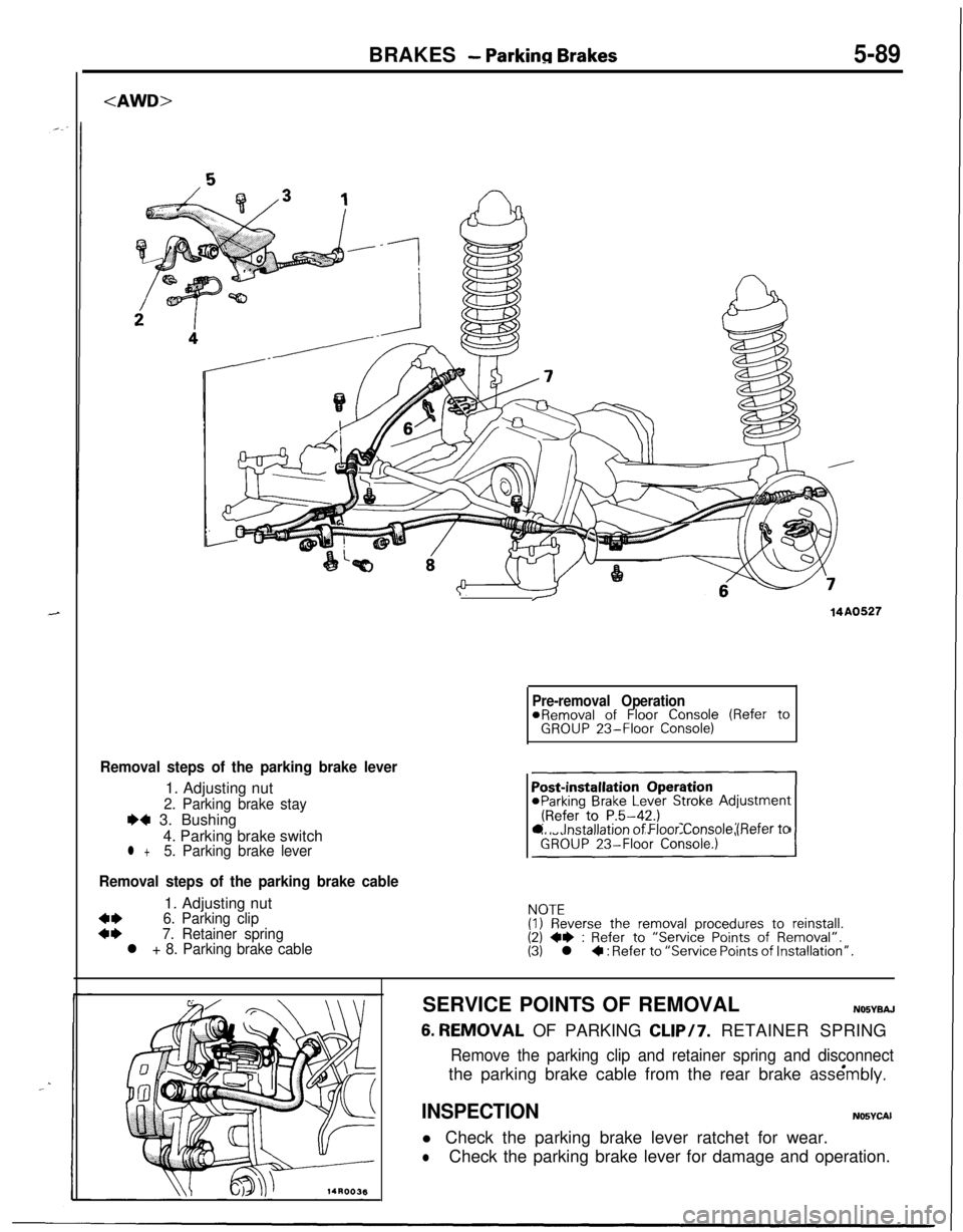 MITSUBISHI ECLIPSE 1991  Service Manual BRAKES - Parking Brakes5-89
<AWD>
Removal steps of the parking brake lever1. Adjusting nut
2. Parking brake stay
W 3. Bushing
4. Parking brake switch
l +5. Parking brake lever
Removal steps of the par