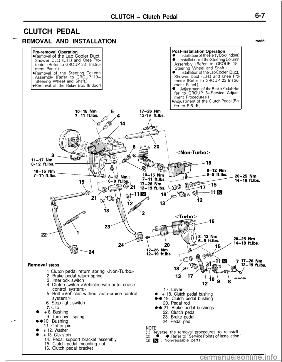 MITSUBISHI ECLIPSE 1991 Owners Manual CLUTCH - Clutch Pedal6-7
CLUTCH PEDAL
-. REMOVAL AND INSTALLATIONNOSPA-
.“-Pre-removal Operation
*Removal of the Lap Cooler Duct,Shower Duct (L.H.) and Knee Pro-tector (Refer to GROUP 23%lnstru-ment MITSUBISHI ECLIPSE 1991 Owners Manual CLUTCH - Clutch Pedal6-7
CLUTCH PEDAL
-. REMOVAL AND INSTALLATIONNOSPA-
.“-Pre-removal Operation
*Removal of the Lap Cooler Duct,Shower Duct (L.H.) and Knee Pro-tector (Refer to GROUP 23%lnstru-ment