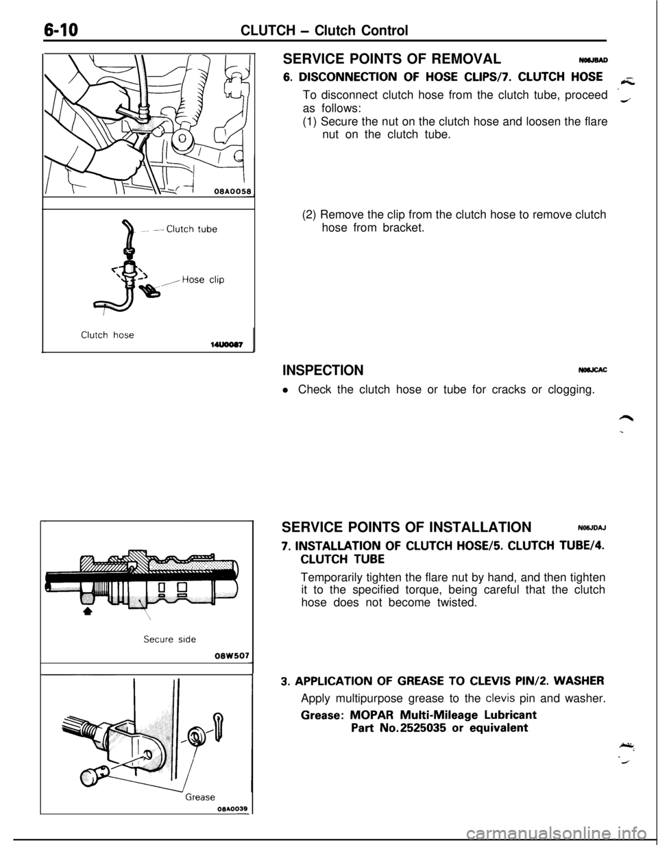 MITSUBISHI ECLIPSE 1991 Owners Guide 640CLUTCH - Clutch Control
3
~~~ --Clutch tube
TI)
%5
/Hose clip
Clutch hose
Secure side
08W507
Grease09AOO39
-SERVICE POINTS OF REMOVAL
Na9JMD
6. DISCONNECTION OF HOSE CLIPSI7. CLUTCH HOSETo disconne MITSUBISHI ECLIPSE 1991 Owners Guide 640CLUTCH - Clutch Control
3
~~~ --Clutch tube
TI)
%5
/Hose clip
Clutch hose
Secure side
08W507
Grease09AOO39
-SERVICE POINTS OF REMOVAL
Na9JMD
6. DISCONNECTION OF HOSE CLIPSI7. CLUTCH HOSETo disconne