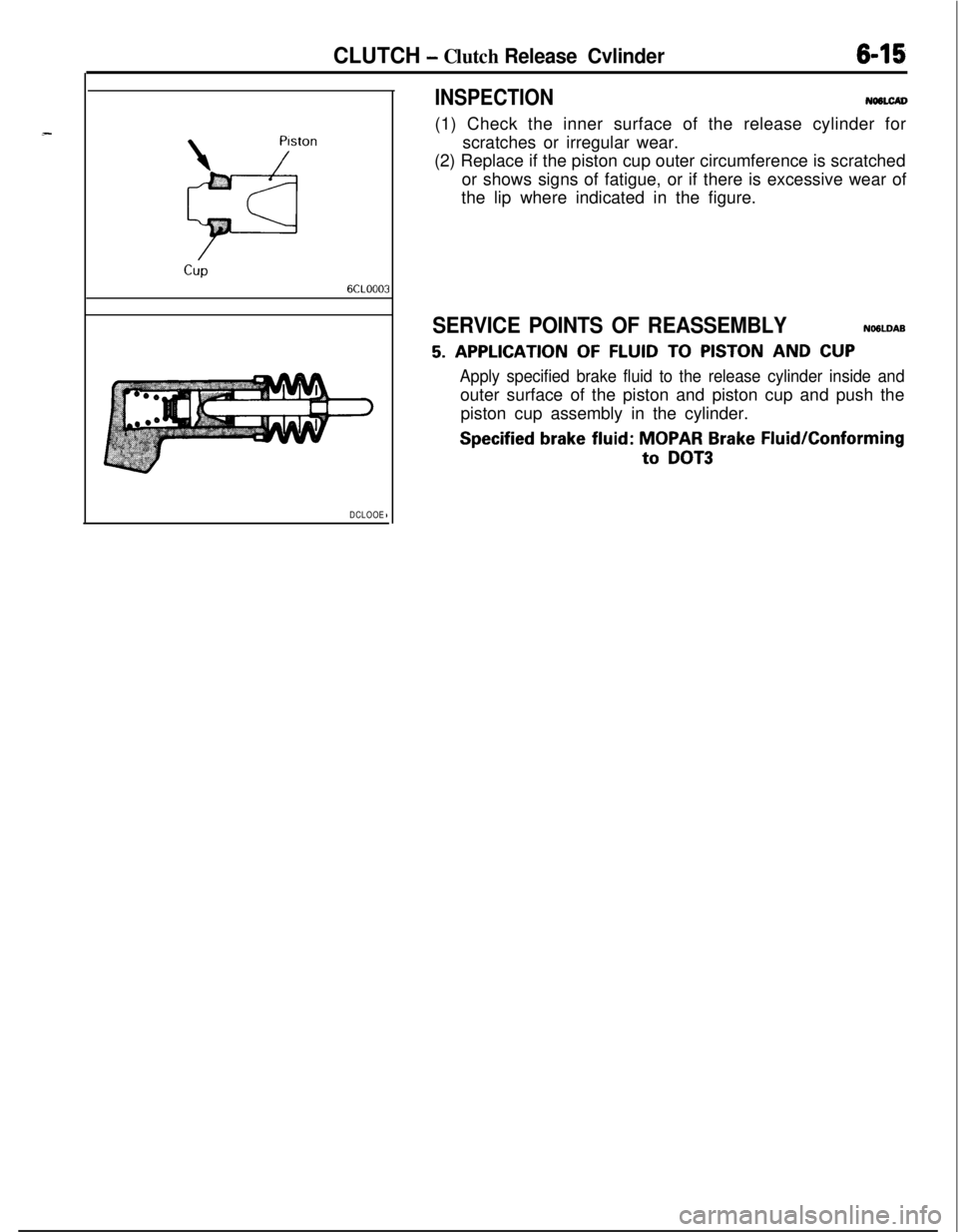 MITSUBISHI ECLIPSE 1991 Owners Manual .-CLUTCH - Clutch Release Cvlinder6-15
\
Piston
@*
CUP6CLOOO3DCLOOE
,
INSPECTIONNWLCAV(1) Check the inner surface of the release cylinder for
scratches or irregular wear.
(2) Replace if the piston cup MITSUBISHI ECLIPSE 1991 Owners Manual .-CLUTCH - Clutch Release Cvlinder6-15
\
Piston
@*
CUP6CLOOO3DCLOOE
,
INSPECTIONNWLCAV(1) Check the inner surface of the release cylinder for
scratches or irregular wear.
(2) Replace if the piston cup