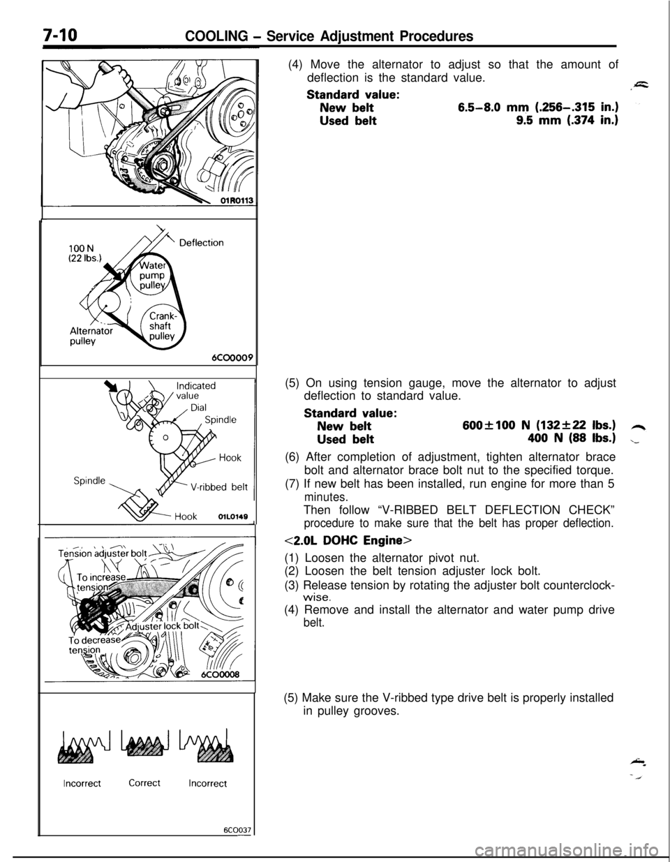 MITSUBISHI ECLIPSE 1991 Repair Manual COOLING - Service Adjustment Procedures100N
(22 Ibs.)
DeflecAlternator
ypulley
:tion
6COOOO9
Spindle ,
HookOlLO149
IncorrectCorrectIncorrect
6COO37-(4) Move the alternator to adjust so that the amoun MITSUBISHI ECLIPSE 1991 Repair Manual COOLING - Service Adjustment Procedures100N
(22 Ibs.)
DeflecAlternator
ypulley
:tion
6COOOO9
Spindle ,
HookOlLO149
IncorrectCorrectIncorrect
6COO37-(4) Move the alternator to adjust so that the amoun