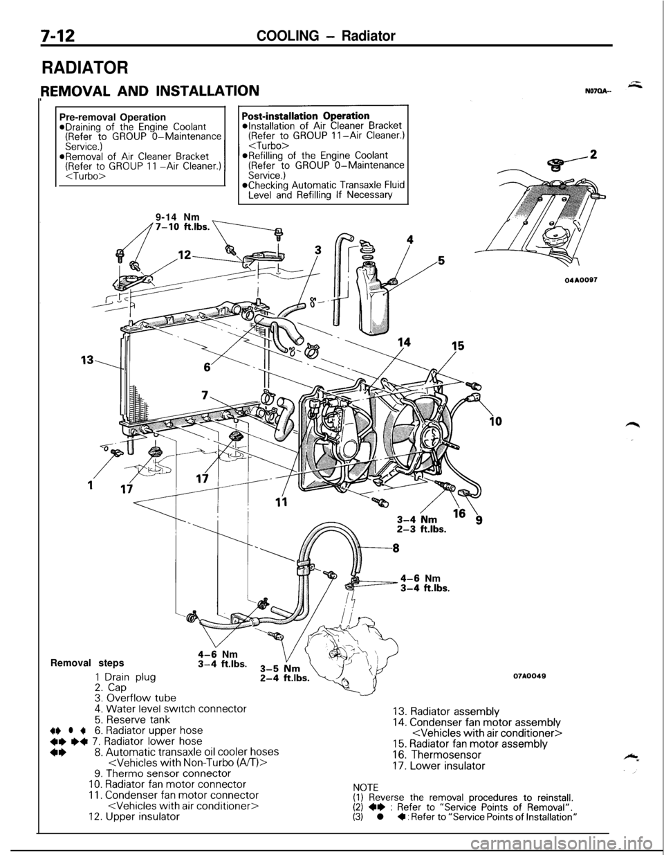 MITSUBISHI ECLIPSE 1991 Repair Manual 7-12COOLING - Radiator
RADIATORPre-removal Operation
@Draining of the Engine Coolant(Refer to GROUP O-Maintenance(Refer to GROUP II-Air Cleaner.)
Service.)
I I
<Turbo>@Removal of Air Cleaner BracketOR MITSUBISHI ECLIPSE 1991 Repair Manual 7-12COOLING - Radiator
RADIATORPre-removal Operation
@Draining of the Engine Coolant(Refer to GROUP O-Maintenance(Refer to GROUP II-Air Cleaner.)
Service.)
I I
<Turbo>@Removal of Air Cleaner BracketOR