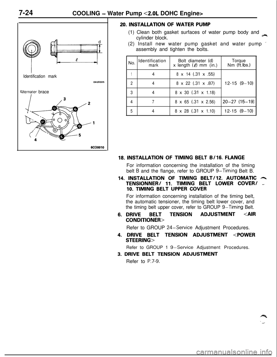 MITSUBISHI ECLIPSE 1991 Manual PDF 7-24COOLING - Water Pump <2.0L DOHC Engine>
Identification mark
4lternater brace
6COOOlO
20. INSTALLATION OF WATER PUMP
(1) Clean both gasket surfaces of water pump body and
jir,cylinder block.
(2) I MITSUBISHI ECLIPSE 1991 Manual PDF 7-24COOLING - Water Pump <2.0L DOHC Engine>
Identification mark
4lternater brace
6COOOlO
20. INSTALLATION OF WATER PUMP
(1) Clean both gasket surfaces of water pump body and
jir,cylinder block.
(2) I