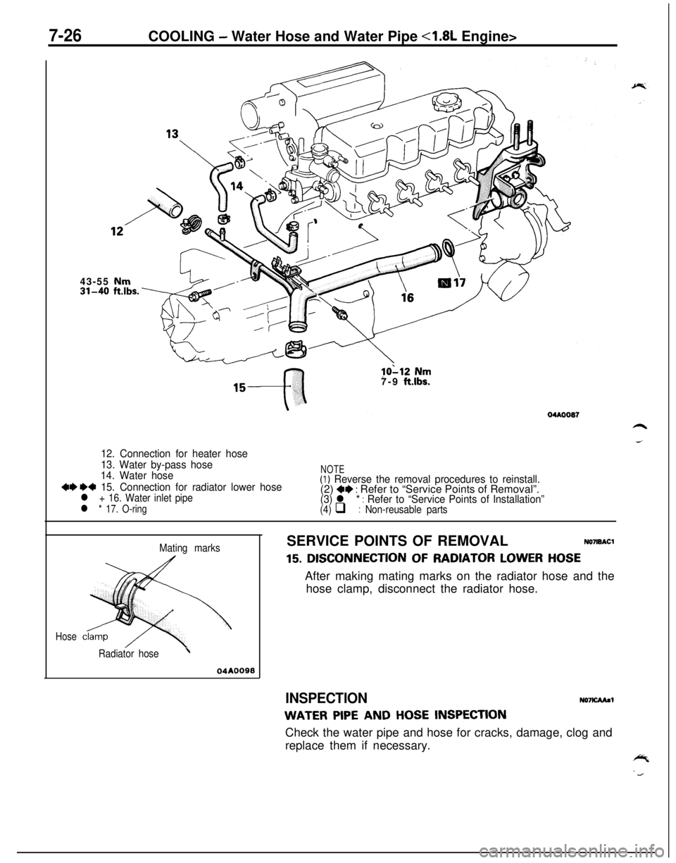 MITSUBISHI ECLIPSE 1991  Service Manual 7-26COOLING - Water Hose and Water Pipe <1.8L Engine>
43-55 Nm
31-40 ft.lbs.
lo‘-12 Nm
7-9 ft.lbs.
12. Connection for heater hose
13. Water by-pass hose
14. Water hose
++ e+ 15. Connection for radia