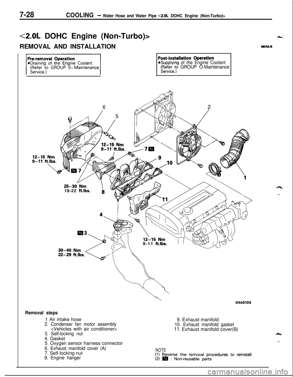MITSUBISHI ECLIPSE 1991  Service Manual 7-28COOLING- Water Hose and Water Pipe <2.0L DOHC Engine (Non-Turbo)>
<2.0L DOHC Engine (Non-Turbo)>
REMOVAL AND INSTALLATION
Post-installgtion Pperation@Supplying of the Engine Coolant(FF$efeet; GROU