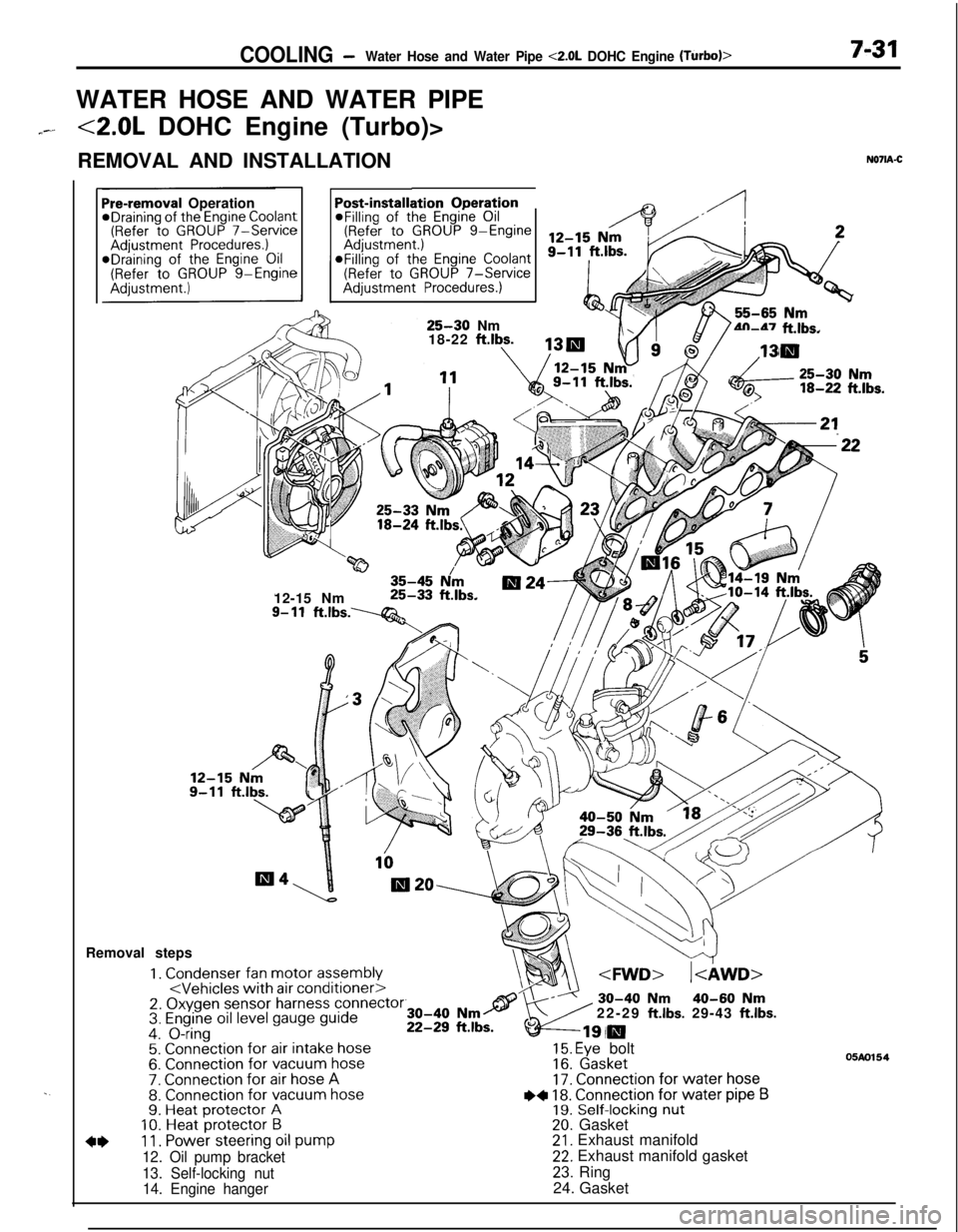 MITSUBISHI ECLIPSE 1991  Service Manual COOLING -Water Hose and Water Pipe <2.0L DOHC Engine (Turbo)>7-31WATER HOSE AND WATER PIPE
7--<2.0L DOHC Engine (Turbo)>
REMOVAL AND INSTALLATION
N071A-C
. .
ation OperationPost-installi@Filling of th