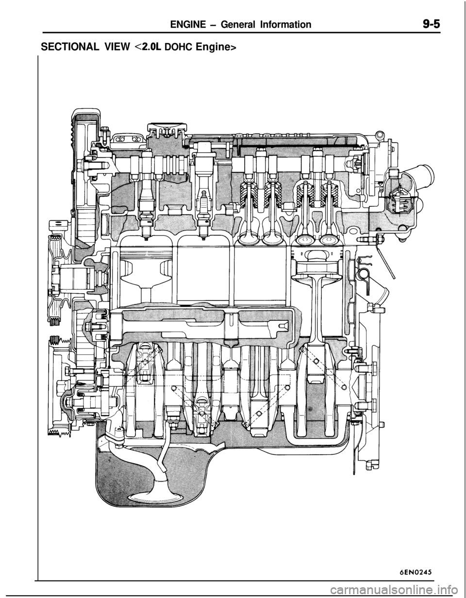 MITSUBISHI ECLIPSE 1991 Owners Manual ENGINE - General Information
SECTIONAL VIEW <2.0L DOHC Engine>
6EN0245 MITSUBISHI ECLIPSE 1991 Owners Manual ENGINE - General Information
SECTIONAL VIEW <2.0L DOHC Engine>
6EN0245
