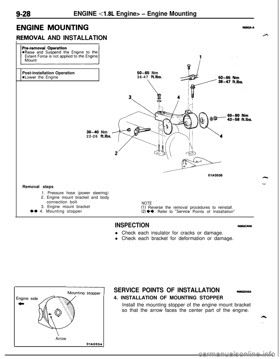 MITSUBISHI ECLIPSE 1991 Service Manual 9-28ENGINE <1.8L Engine> - Engine Mounting
ENGINE MOUNTING
IEMOVAL AND INSTALLATION
NOB8A-APost-installation Operation
50-65 Nm*Lower the Engine36-47 ft.lbs.
30-40 Nm
22-26 ft.lbs.Removal steps
1. Pre MITSUBISHI ECLIPSE 1991 Service Manual 9-28ENGINE <1.8L Engine> - Engine Mounting
ENGINE MOUNTING
IEMOVAL AND INSTALLATION
NOB8A-APost-installation Operation
50-65 Nm*Lower the Engine36-47 ft.lbs.
30-40 Nm
22-26 ft.lbs.Removal steps
1. Pre