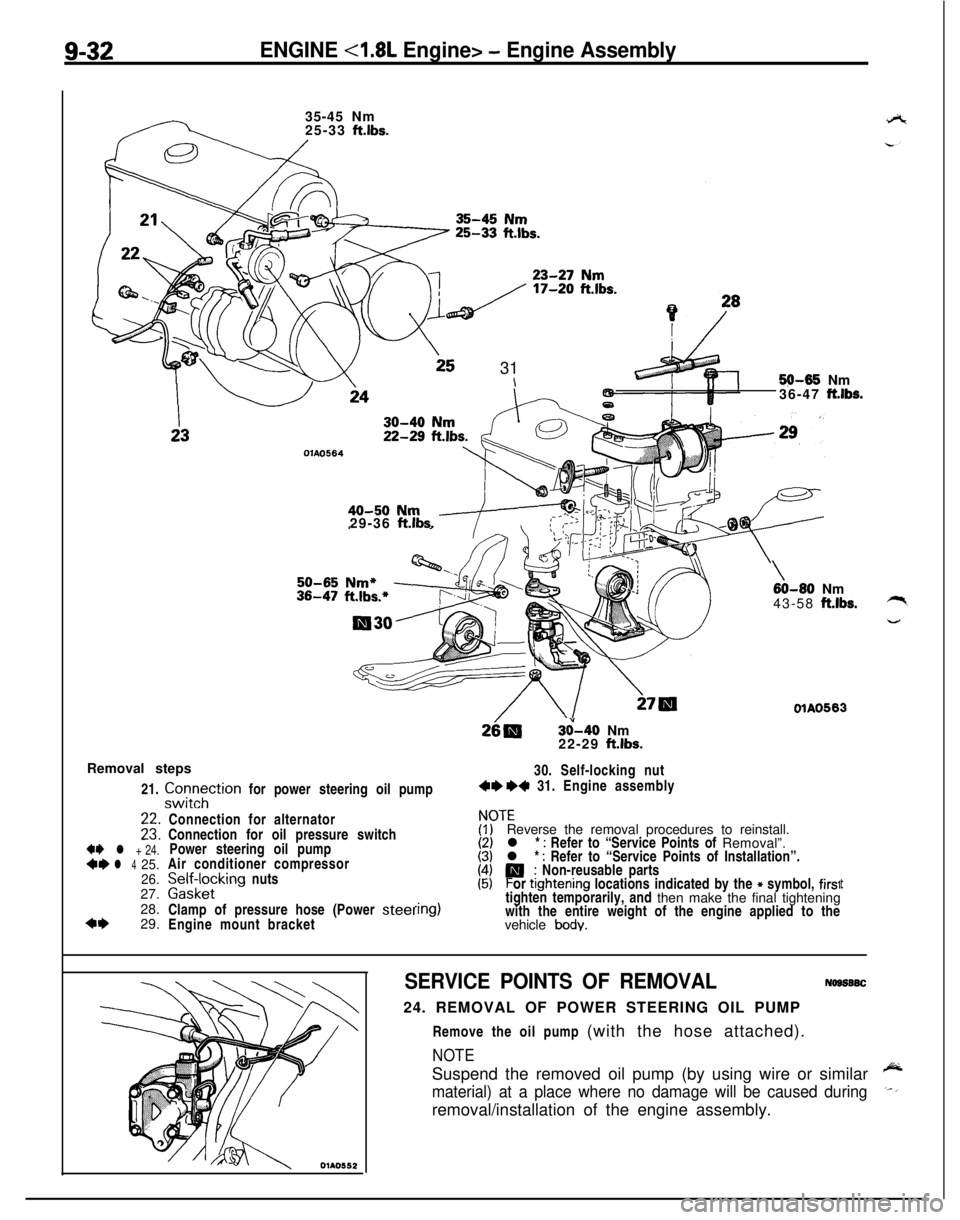 MITSUBISHI ECLIPSE 1991 Service Manual 9-32ENGINE <1.8L Engine> - Engine Assembly35-45 Nm
25-33
ft.lbs.
25 31\5$M35 Nm
36-47 ft.lbs.
OlAO56429-36
ft.lbs.
3&40 Nm
22-29 ft.lbs.
Removal steps
21.
zztTtion for power steering oil pump30. Se MITSUBISHI ECLIPSE 1991 Service Manual 9-32ENGINE <1.8L Engine> - Engine Assembly35-45 Nm
25-33
ft.lbs.
25 31\5$M35 Nm
36-47 ft.lbs.
OlAO56429-36
ft.lbs.
3&40 Nm
22-29 ft.lbs.
Removal steps
21.
zztTtion for power steering oil pump30. Se