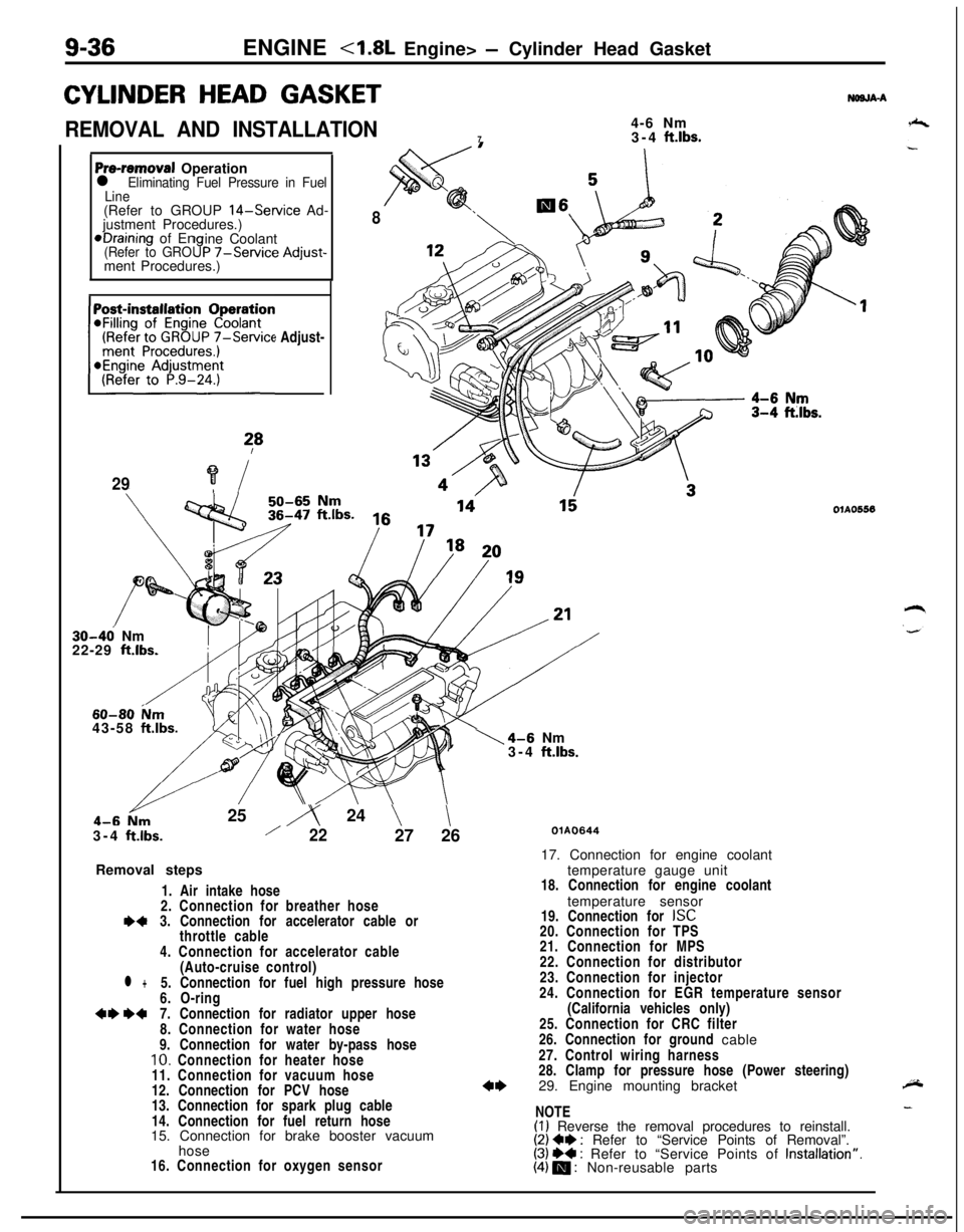 MITSUBISHI ECLIPSE 1991 Service Manual 9-36ENGINE <l.$L Engine> - Cylinder Head Gasket
CYLINDER HEAD GASKET
REMOVAL AND INSTALLATION4-6 Nm
73-4 ft.lbs.
NWJA-A
Pre-removal Operationl Eliminating Fuel Pressure in Fuel
Line(Refer to GROUP
14 MITSUBISHI ECLIPSE 1991 Service Manual 9-36ENGINE <l.$L Engine> - Cylinder Head Gasket
CYLINDER HEAD GASKET
REMOVAL AND INSTALLATION4-6 Nm
73-4 ft.lbs.
NWJA-A
Pre-removal Operationl Eliminating Fuel Pressure in Fuel
Line(Refer to GROUP
14