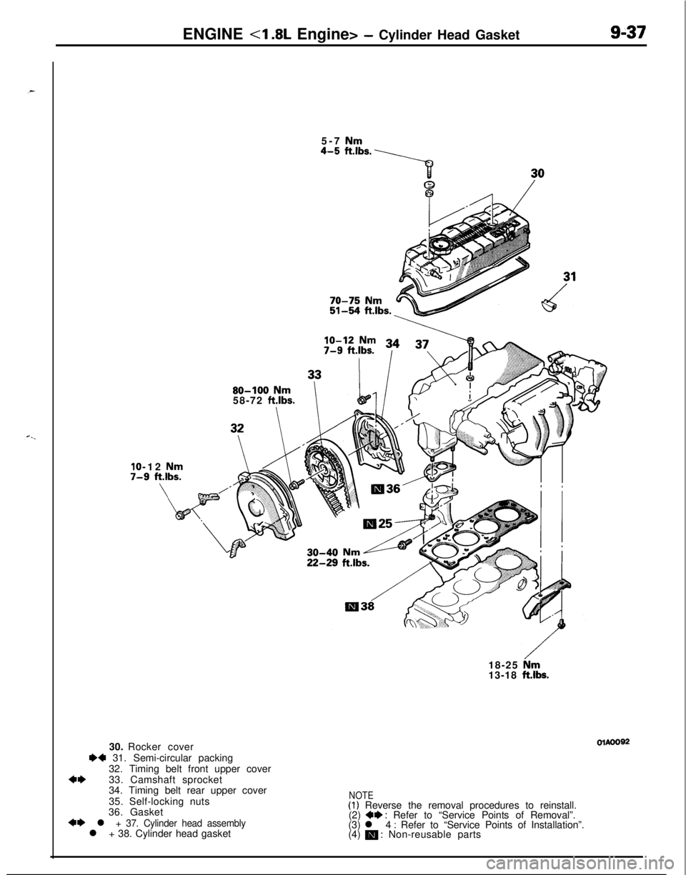 MITSUBISHI ECLIPSE 1991 Service Manual ENGINE <I .8L Engine> - Cylinder Head Gasket9-375-7 Nm
70-75 Nm51-54 ftlbs.
80-100 Nm
58-72 ftlbs.I-12
Nm.9 ft.lbs.
ii-29 ft.lbs.
18-25
hm13-18 ft.lbs.30. Rocker cover
M 31. Semi-circular packing
32 MITSUBISHI ECLIPSE 1991 Service Manual ENGINE <I .8L Engine> - Cylinder Head Gasket9-375-7 Nm
70-75 Nm51-54 ftlbs.
80-100 Nm
58-72 ftlbs.I-12
Nm.9 ft.lbs.
ii-29 ft.lbs.
18-25
hm13-18 ft.lbs.30. Rocker cover
M 31. Semi-circular packing
32