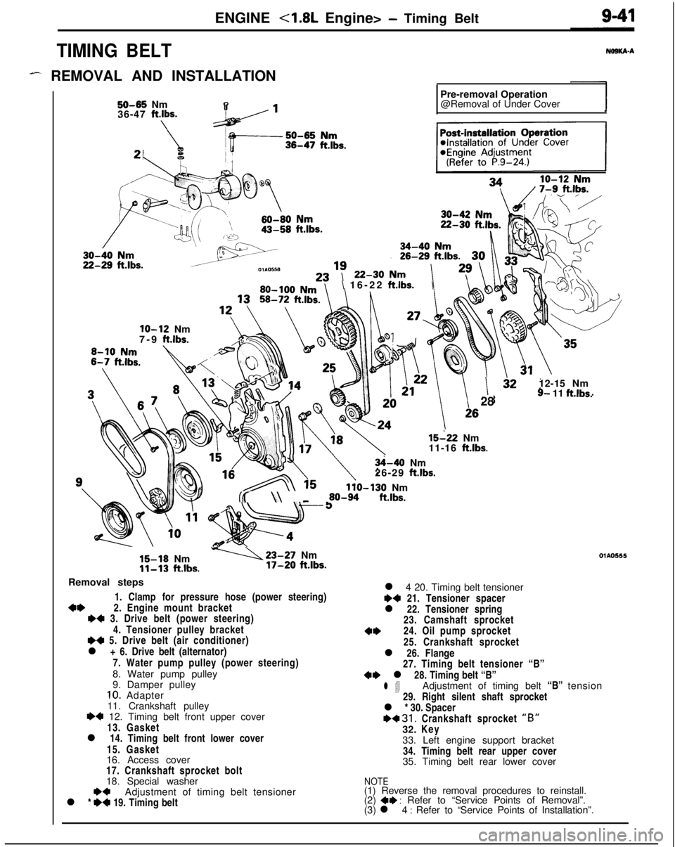 MITSUBISHI ECLIPSE 1991 Service Manual ENGINE <1.8L Engine> - Timing Belt
TIMING BELT
- REMOVAL AND INSTALLATION,
50-65 Nm
36-47 ft.lbs.Pre-removal Operation
@Removal of Under Cover
\ 16-22 ftlbs.\
lo-12 Nm
7-9 ft.lbs.
I28
15-22 Nm
11-16 f MITSUBISHI ECLIPSE 1991 Service Manual ENGINE <1.8L Engine> - Timing Belt
TIMING BELT
- REMOVAL AND INSTALLATION,
50-65 Nm
36-47 ft.lbs.Pre-removal Operation
@Removal of Under Cover
\ 16-22 ftlbs.\
lo-12 Nm
7-9 ft.lbs.
I28
15-22 Nm
11-16 f