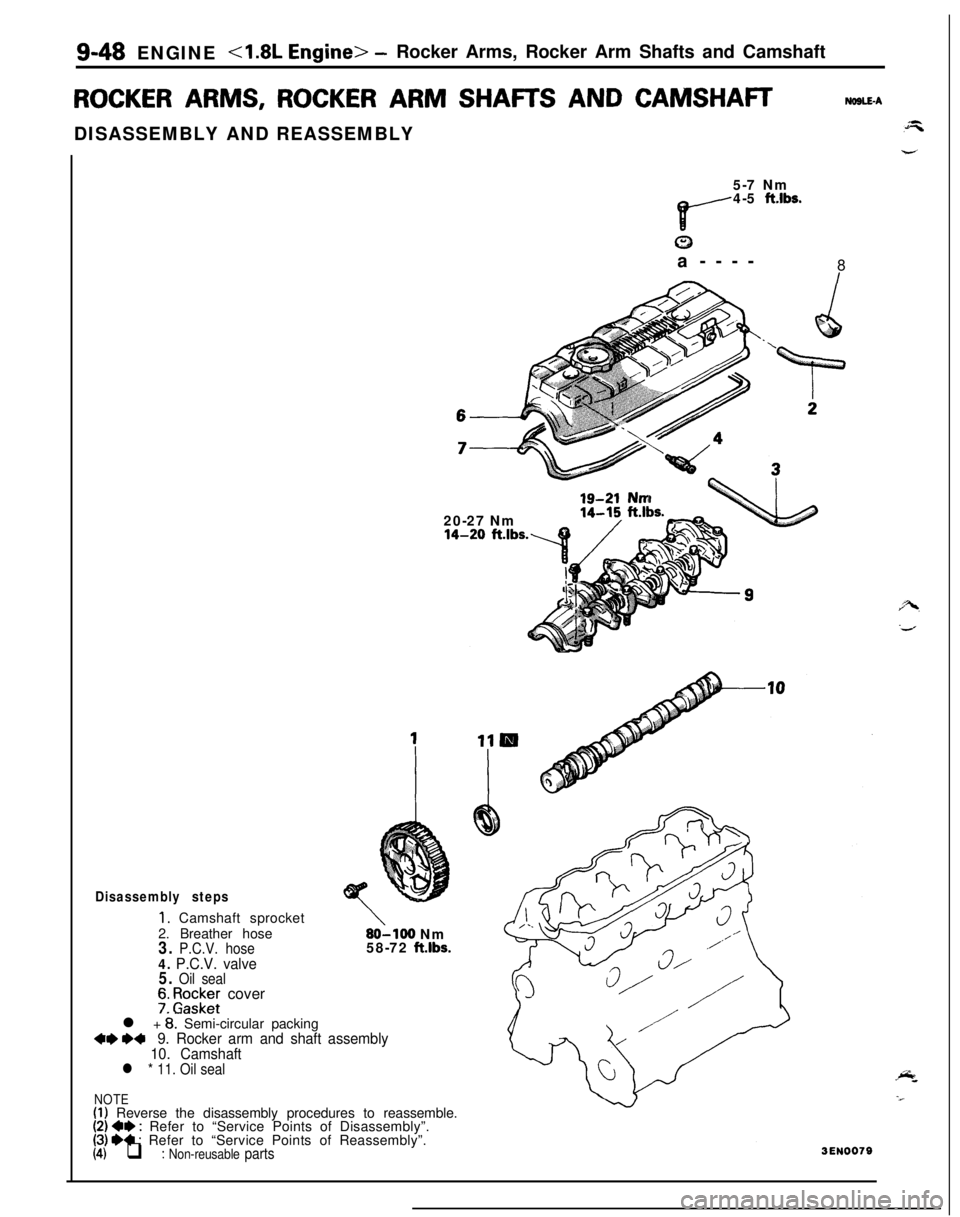 MITSUBISHI ECLIPSE 1991 Service Manual 9-48 ENGINE <1.8L Engine> -Rocker Arms, Rocker Arm Shafts and Camshaft
ROCKER ARMS, ROCKER ARM SHAFTS AND CAMSHAFTUOSLE-ADISASSEMBLY AND REASSEMBLY
5-7 Nm
4-5 ft.lbr
8a----
20-27 Nm
19-21 Nm8
Disassem MITSUBISHI ECLIPSE 1991 Service Manual 9-48 ENGINE <1.8L Engine> -Rocker Arms, Rocker Arm Shafts and Camshaft
ROCKER ARMS, ROCKER ARM SHAFTS AND CAMSHAFTUOSLE-ADISASSEMBLY AND REASSEMBLY
5-7 Nm
4-5 ft.lbr
8a----
20-27 Nm
19-21 Nm8
Disassem