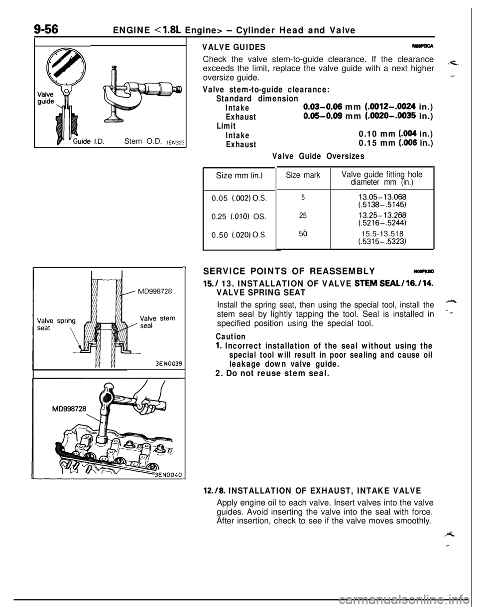MITSUBISHI ECLIPSE 1991 Repair Manual 9-56ENGINE <1.8L Engine> - Cylinder Head and ValveStem O.D.
YEN323
3EN0039
-I
VALVE GUIDESCheck the valve stem-to-guide clearance. If the clearance
exceeds the limit, replace the valve guide with a n MITSUBISHI ECLIPSE 1991 Repair Manual 9-56ENGINE <1.8L Engine> - Cylinder Head and ValveStem O.D.
YEN323
3EN0039
-I
VALVE GUIDESCheck the valve stem-to-guide clearance. If the clearance
exceeds the limit, replace the valve guide with a n