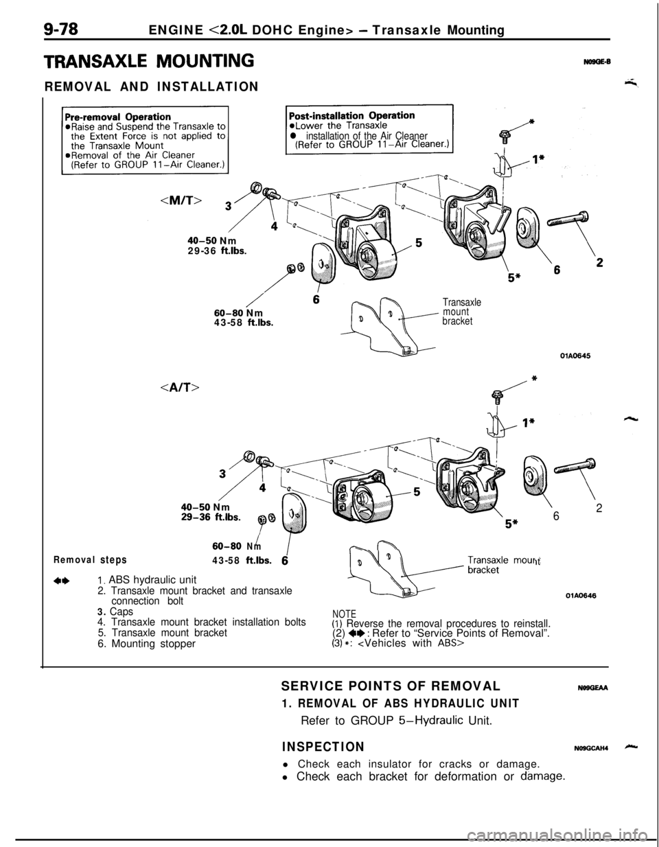 MITSUBISHI ECLIPSE 1991 Manual PDF 9-78ENGINE <2.0L DOHC Engine> - Transaxle Mounting
TRANSAXLE MOUNTING
REMOVAL AND INSTALLATION
No9GE-6
l installation of the Air Cleaner
40-50 Nm
29-36 ftlbs.
/ 660-80 Nm
43-58 ftlbs.
Transaxle
mount
MITSUBISHI ECLIPSE 1991 Manual PDF 9-78ENGINE <2.0L DOHC Engine> - Transaxle Mounting
TRANSAXLE MOUNTING
REMOVAL AND INSTALLATION
No9GE-6
l installation of the Air Cleaner
40-50 Nm
29-36 ftlbs.
/ 660-80 Nm
43-58 ftlbs.
Transaxle
mount
