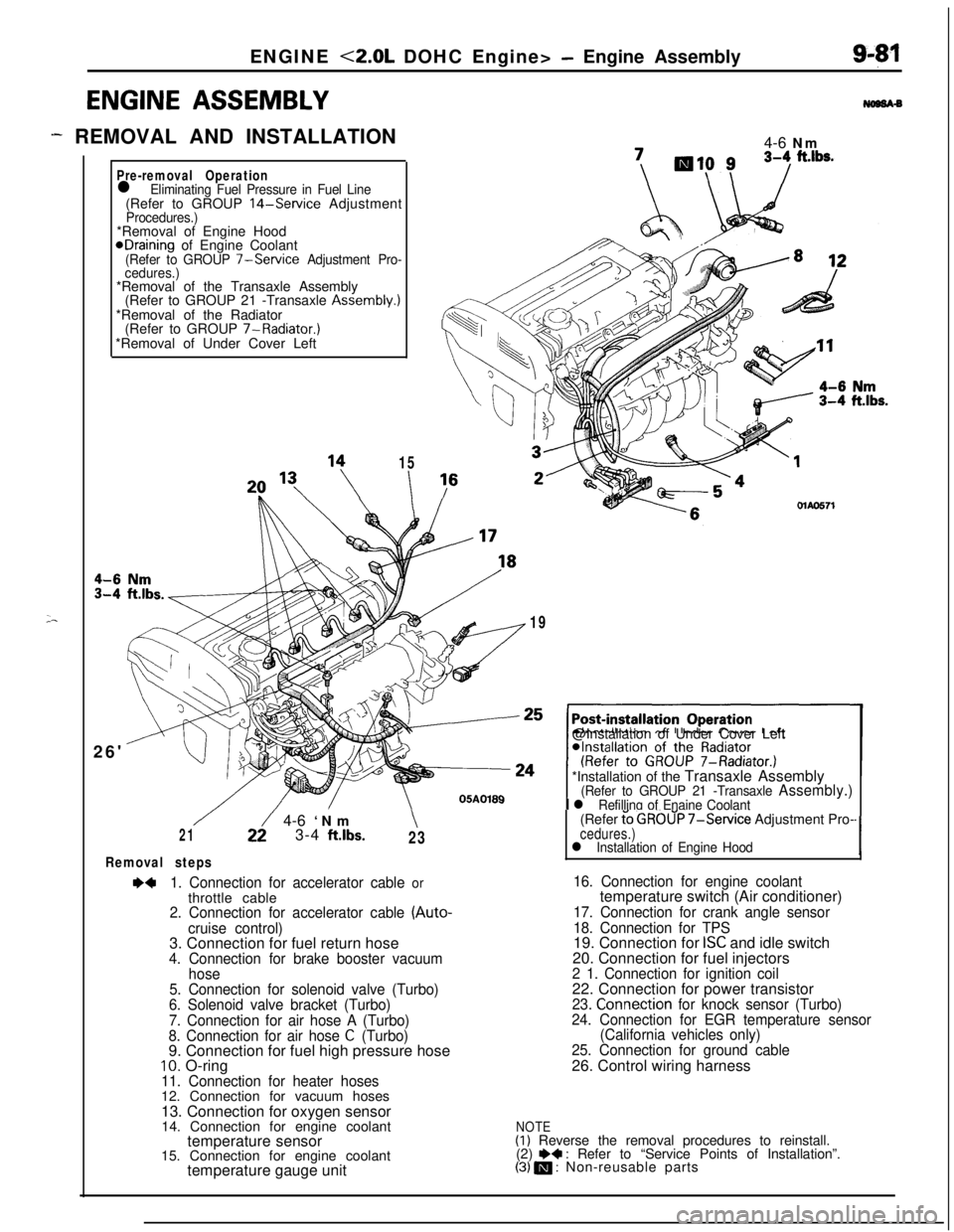 MITSUBISHI ECLIPSE 1991 Service Manual ENGINE <2.0L DOHC Engine> - Engine Assembly
ENGINE ASSEMBLY
- REMOVAL AND INSTALLATION
;-
Pre-removal Operationl Eliminating Fuel Pressure in Fuel Line(Refer to GROUP 14-Service AdjustmentProcedures.) MITSUBISHI ECLIPSE 1991 Service Manual ENGINE <2.0L DOHC Engine> - Engine Assembly
ENGINE ASSEMBLY
- REMOVAL AND INSTALLATION
;-
Pre-removal Operationl Eliminating Fuel Pressure in Fuel Line(Refer to GROUP 14-Service AdjustmentProcedures.)