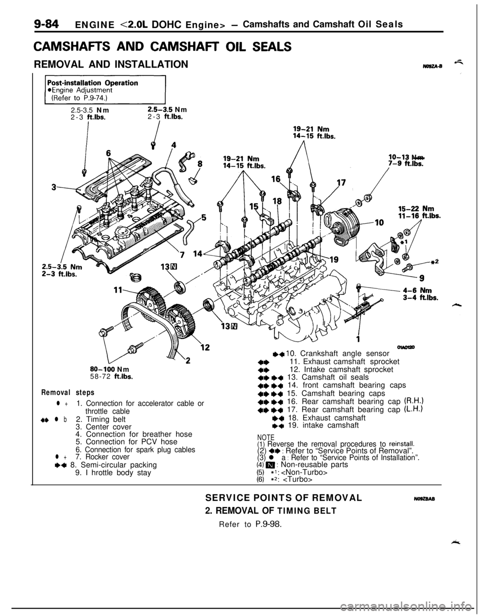 MITSUBISHI ECLIPSE 1991 Service Manual 9-84ENGINE <2.0L DOHC Engine> -Camshafts and Camshaft Oil Seals
CAMSHAFR AND CAMSHAR OIL SEALSREMOVAL AND INSTALLATION
No8u-s
ppEJ=-j2.5-3.5 Nm
2.5-3.5 Nm
2-3 ft.lbs.2-3 ft.lbs.
lo-13 Nm
olmlzo++ 10. MITSUBISHI ECLIPSE 1991 Service Manual 9-84ENGINE <2.0L DOHC Engine> -Camshafts and Camshaft Oil Seals
CAMSHAFR AND CAMSHAR OIL SEALSREMOVAL AND INSTALLATION
No8u-s
ppEJ=-j2.5-3.5 Nm
2.5-3.5 Nm
2-3 ft.lbs.2-3 ft.lbs.
lo-13 Nm
olmlzo++ 10.