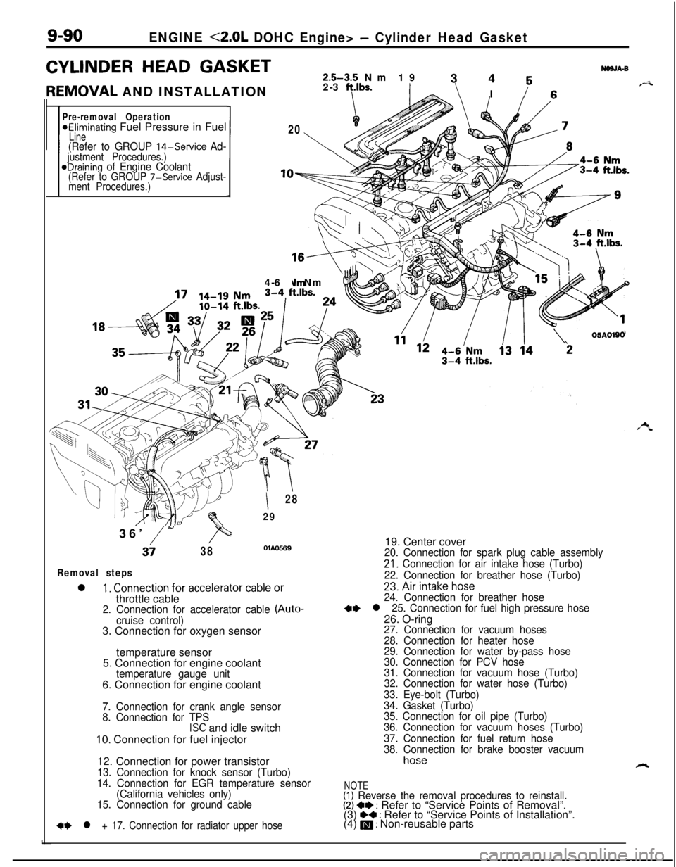 MITSUBISHI ECLIPSE 1991  Service Manual 9-90ENGINE <2.0L DOHC Engine> - Cylinder Head Gasket
CYLINDER HEAD GASKETNOSJA-S2.5-3.5 Nm 19
3 4 K
REIVIOVAL AND INSTALLATION2-3 ft.lbs.\ I i-6
Pre-removal Operation*Eliminating Fuel Pressure in Fuel